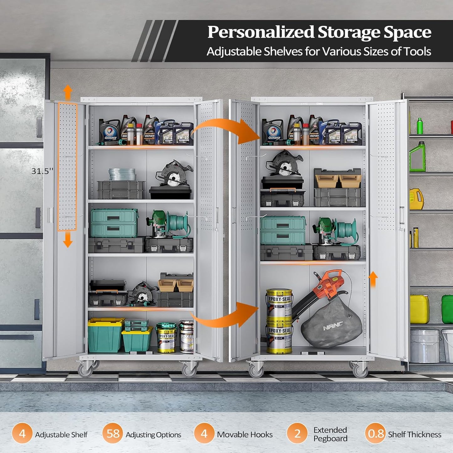 VINGLI 72'' Tall Garage Storage Cabinet, Metal Storage Cabinet with Pegboards, Wheels, Locking Doors and Adjustable Shelves (Gray, 32''W x 16''D x 72''H)