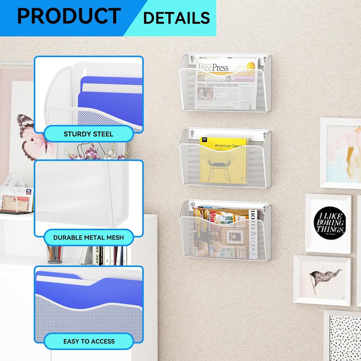 Single Pocket Wall File Holder, Mesh Hanging File Folder Paper Organizer, Vertical Wall Mounted Mail Basket, Storage Organization Magazine Rack for Office, Home and School, White