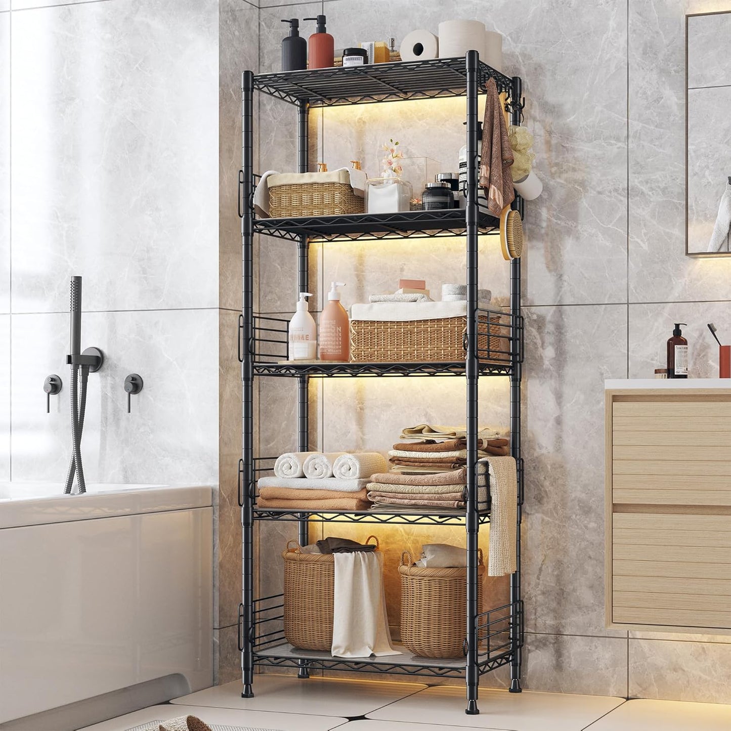 5 Tier Metal Shelving Unit Pantry Storage Shelves with Side Blockers Adjustable Metal Wire Shelf with Hooks & Shelf Linker Standing Storage Rack for Kitchen Pantry Bathroom Closet,13.8"Dx21.7"Wx59.1"H