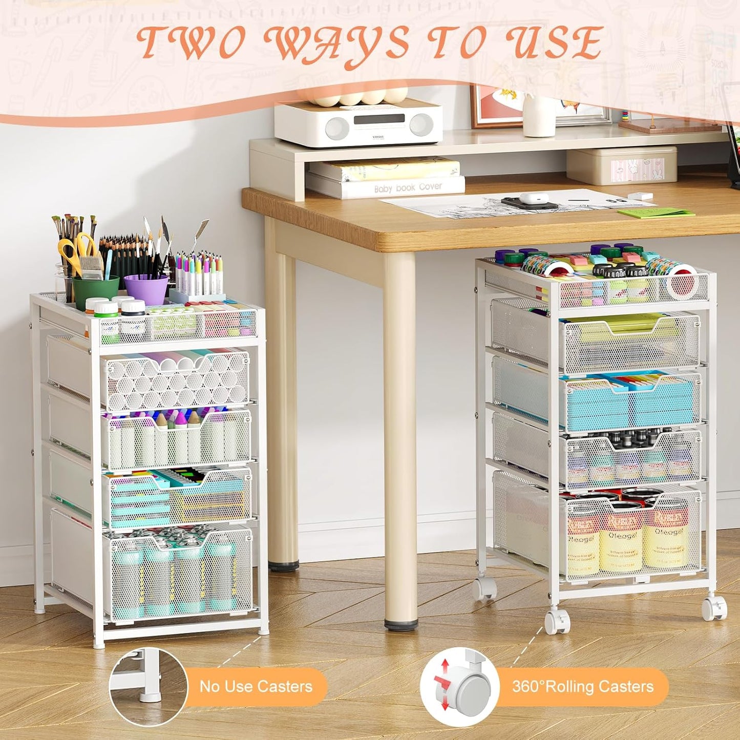 Rolling Utility Cart with 4 Drawers, Craft Organizer and Storage Carts with DIY Divider, Lockable Wheels Storage Organizer for Art Supplies, Store for Brushes & Paints & Artifacts, White