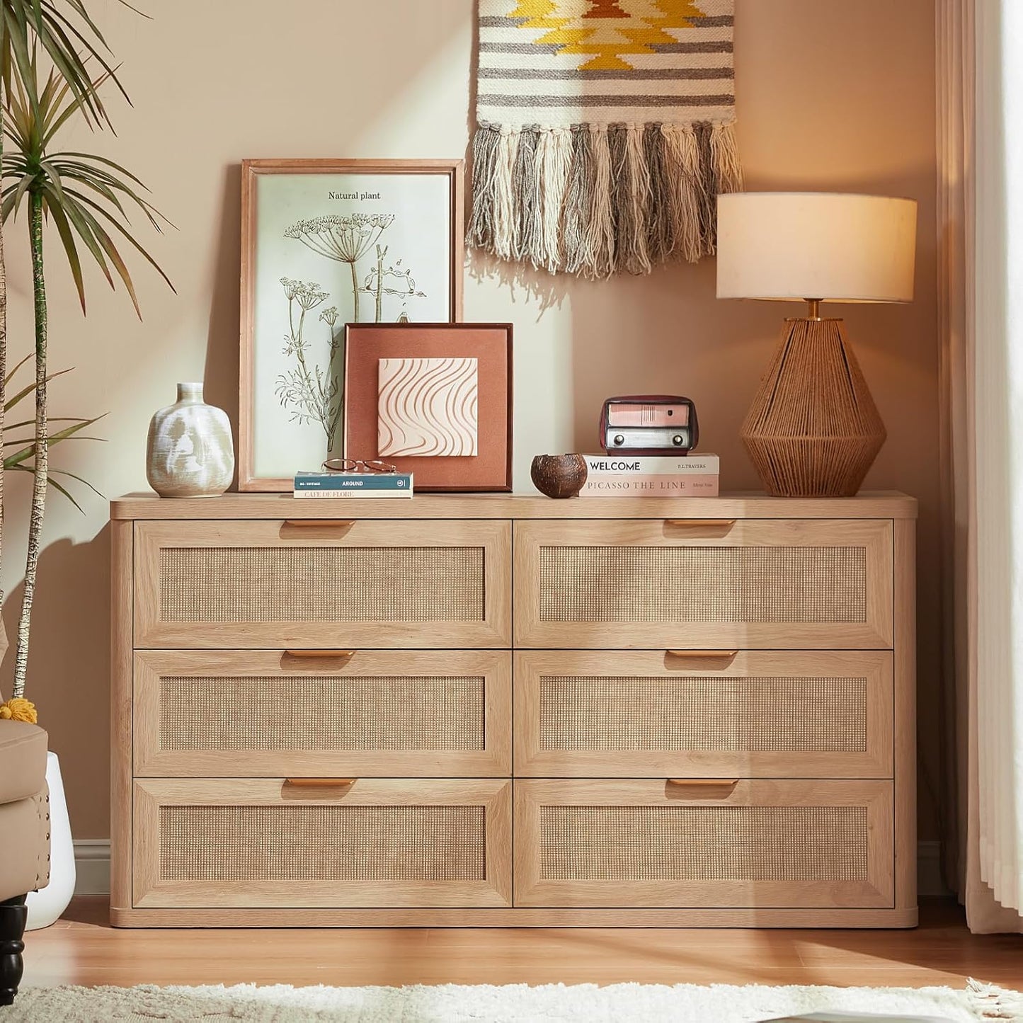 LEYAOYAO Rattan 6 Drawer Dresser for Bedroom Set of 2, Boho 54" Wide Natural Wood Dresser Chest of Drawers, Dressers TV Stand with Metal Handle, Storage Dressers Closet Organizer for Living Room
