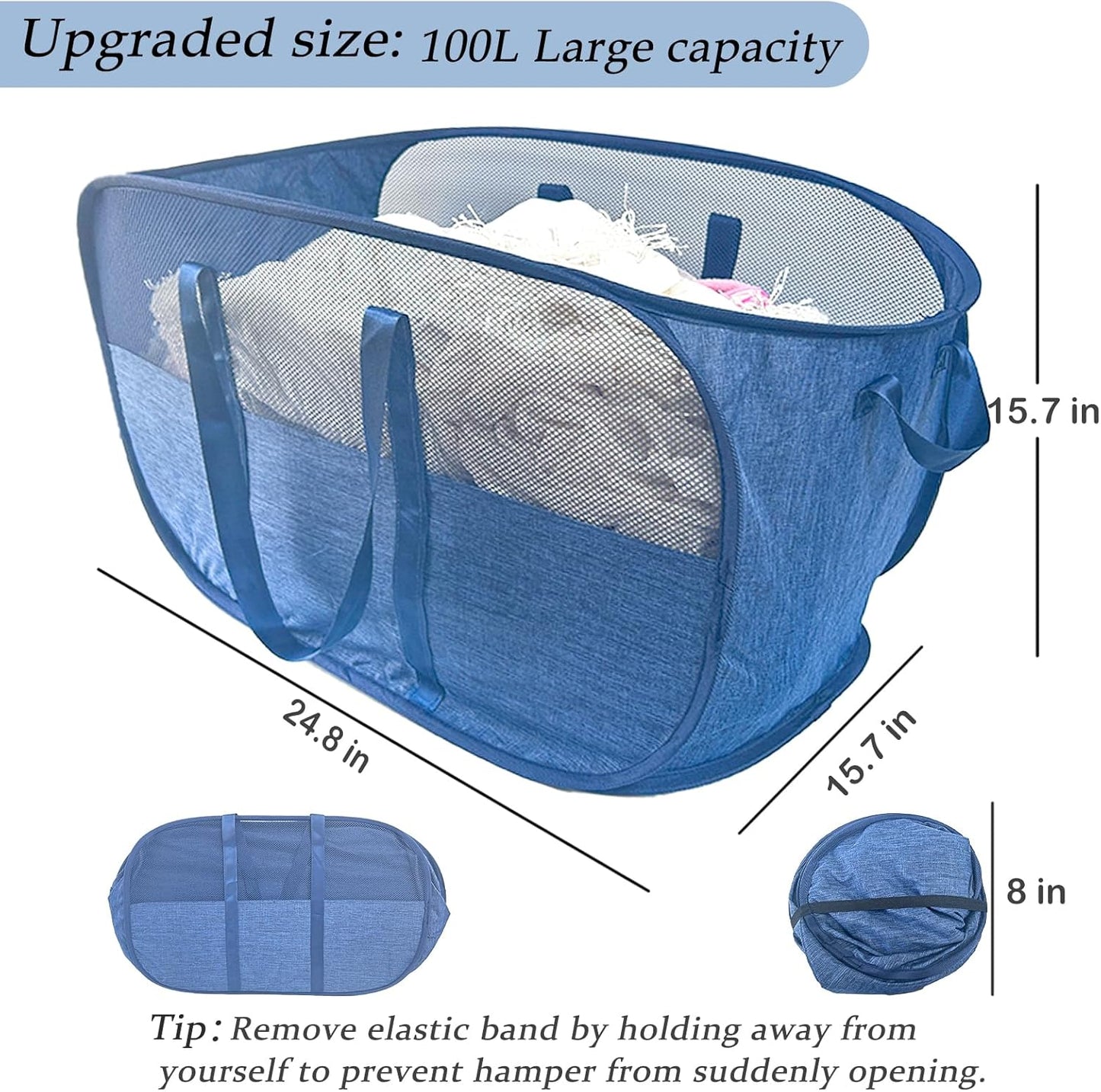 Extra Large Mesh Pop Up Laundry Hamper, 100L Collapsible Laundry Basket, Dirty Clothes Hamper with Reinforced Handles, Storage Bins for Shelves, Dorm or Home Portable Stair Laundry Basket. Blue