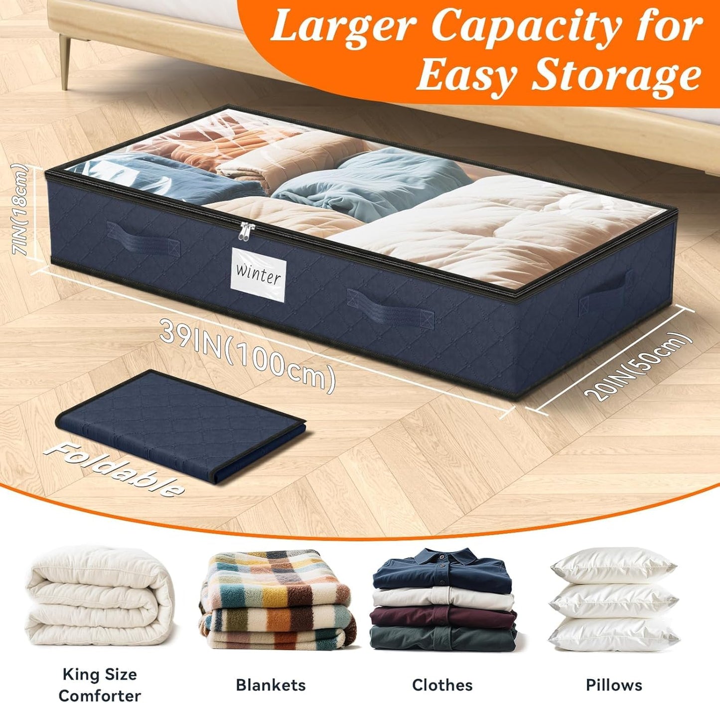 SpaceWhisper 90L Under Bed Storage Containers, 4-Pack Storage Bins with Clear Top, Foldable Closet Organizers and Storage with Label Holder for Clothing, Blankets, Comforter & Pillows(Blue)