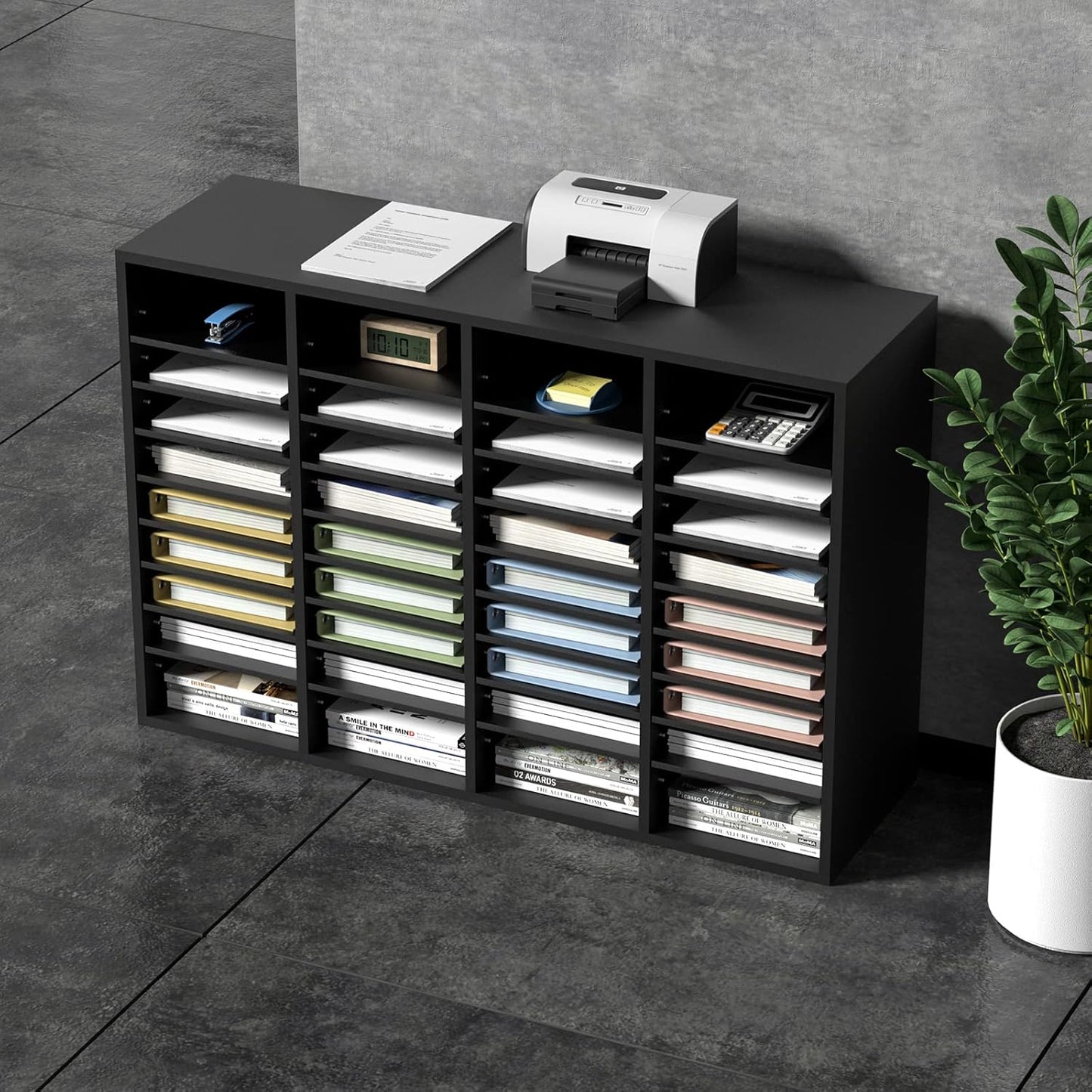 VEVOR Wood Literature Organizer, 36 Compartments, Mailboxes Slot with Removable Shelves, File Sorter for Office, Home, Classroom, or Mailrooms Organization, Black