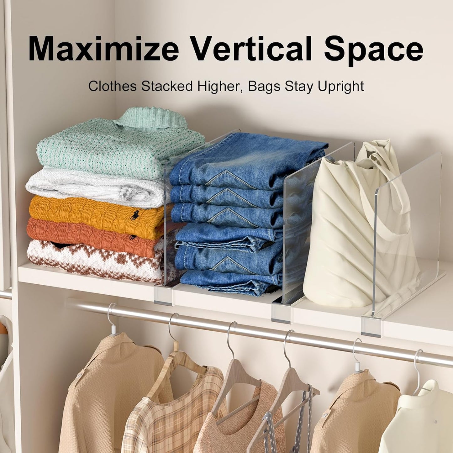Purse Organizer for Closet Shelf Dividers: 8-Pack Adjustable Clear Acrylic Bag Storage Organizer for Handbags, Sweaters, Towels, Jeans and Shoes on Wood Shelves