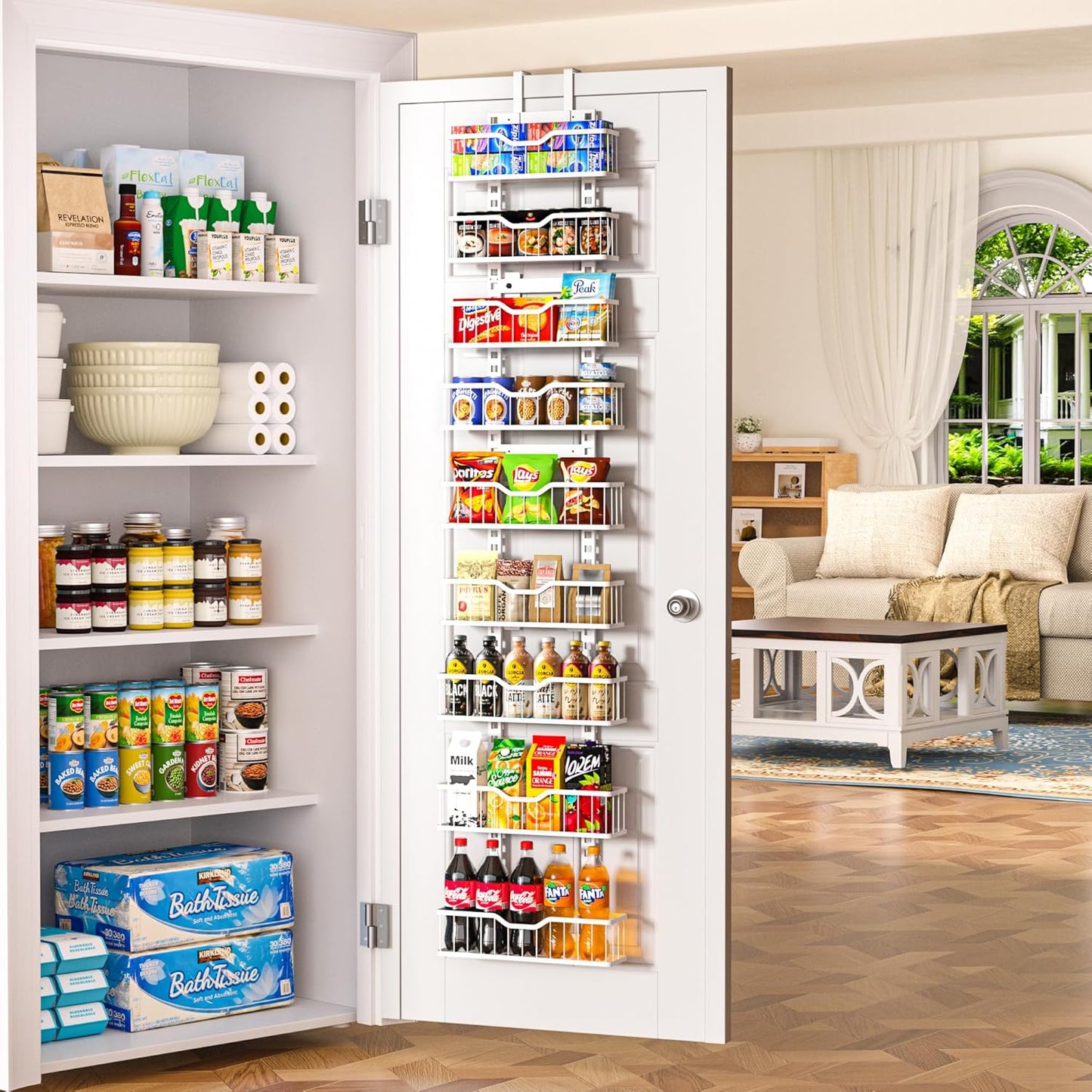 EVERIE 9-Tier Over the Door Storage Rack, Metal Hanging Organizer with Heightened Plate Bottom Baskets and Enlarged Hanging Slots, Kitchen Pantry Shelves