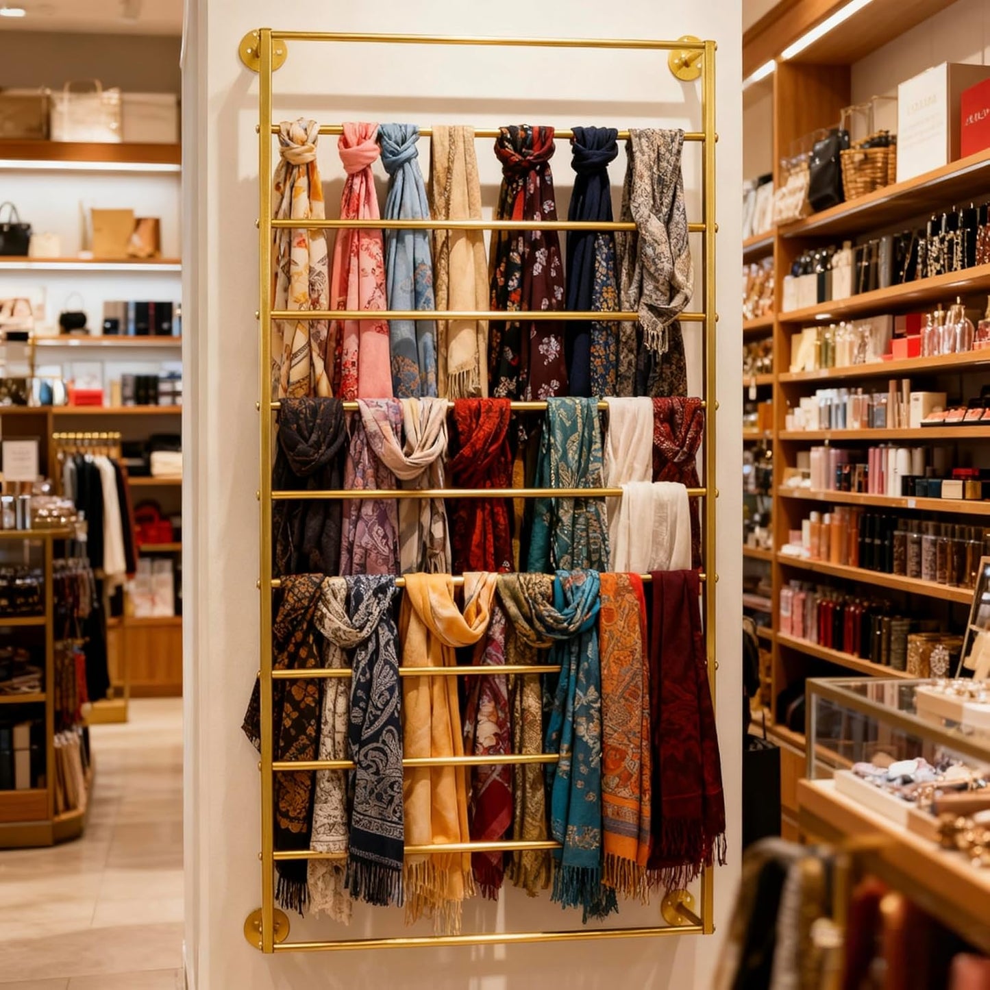 10-Layer Wall Mounted Display Rack, Tie & Scarf Rack Belt Towel Holder Wrapping Paper Ribbon Organizer Metal Shelving Scarves Belts Necktie Hijab Stand for Home, Retail Stores, Flower Shop