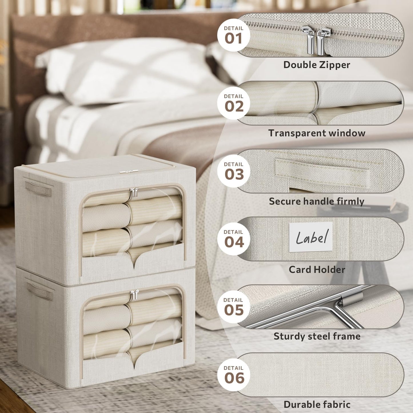 FHSQX 3 Pack Clothes Storage Bins Foldable Metal Frame Storage Box Stackable Linen Fabric Organizer Set with Carrying Handles and Clear Window (Beige, 15.7x11.8x7.8inch(22L))