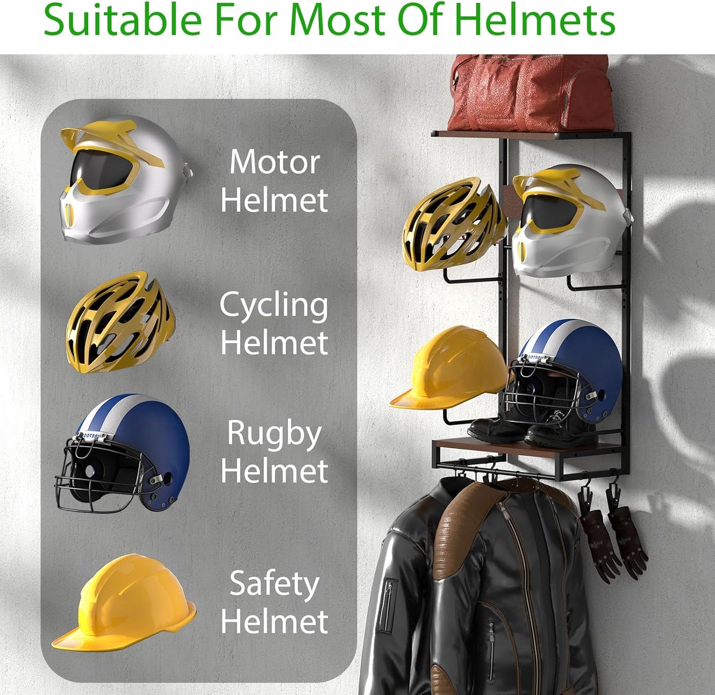 EleganceX Motorcycle Helmet Storage - Helmet Rack Wall Mount with 2 Tiers Storage Boards, 4 Hat Stands, 4 Glove Clips,5 Key Hooks Motorcycle Helmet Holder for Gear Accessories, Clothes, Gloves