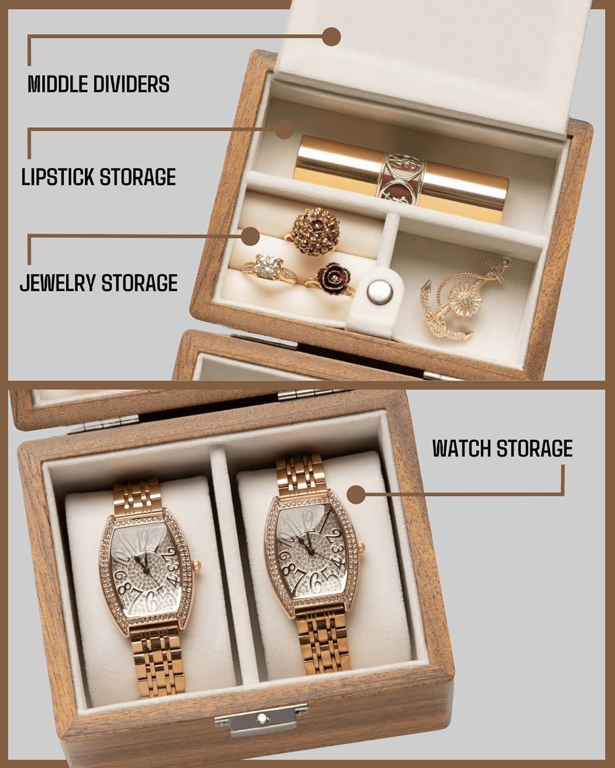 Watch Box, Watch Travel Case for Men, Wood Watch and Jewelry Holder Organizer for Woman, Portable Protection 2-Slot Watch Display Storage Case, Natural Walnut