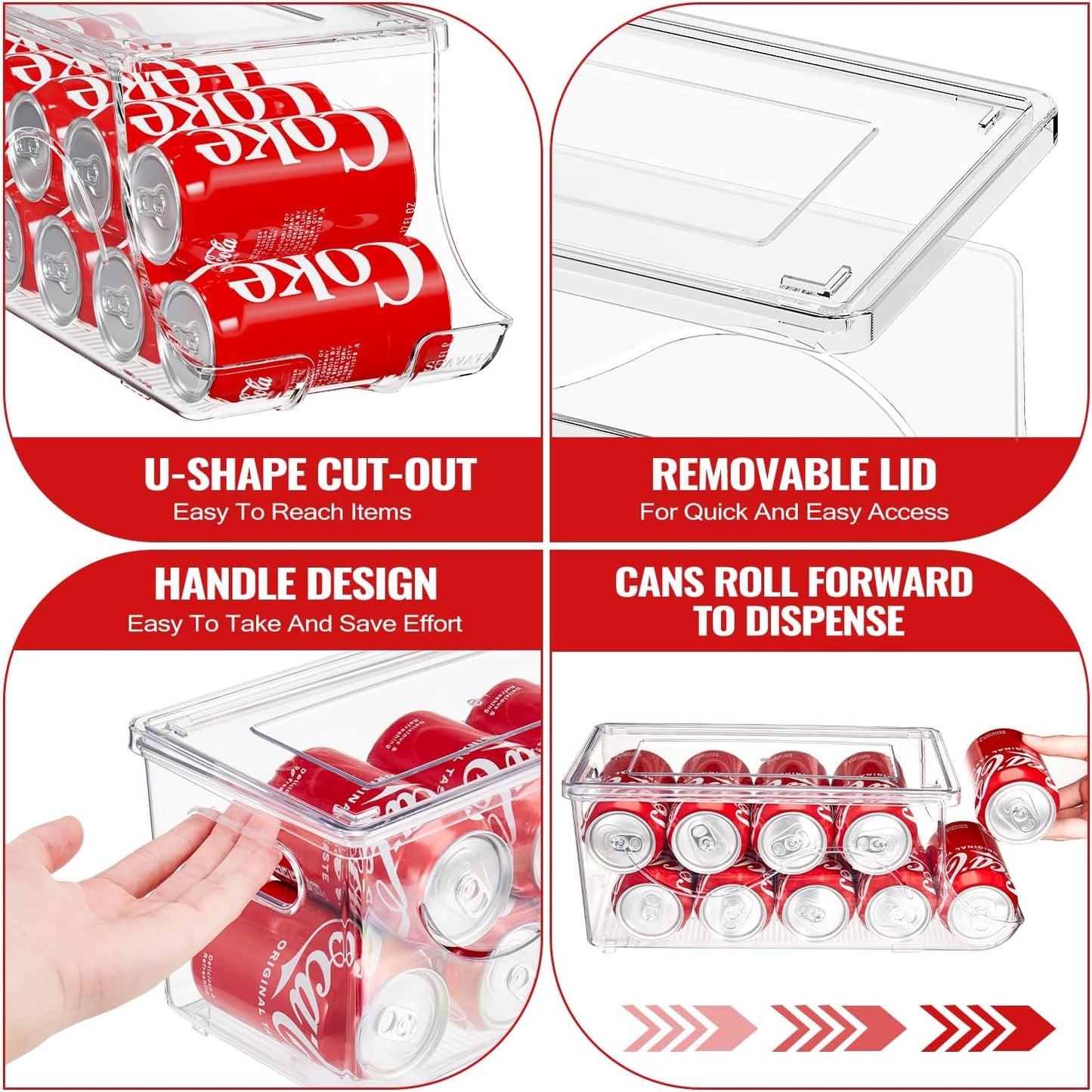 4 Pack Stackable Refrigerator Organizer, Soda Can Dispenser Pop Cans Container Beverage Holder with Lid for Fridge, Freezer, Kitchen, Clear Plastic Storage Bins-Holds 10 Cans Each