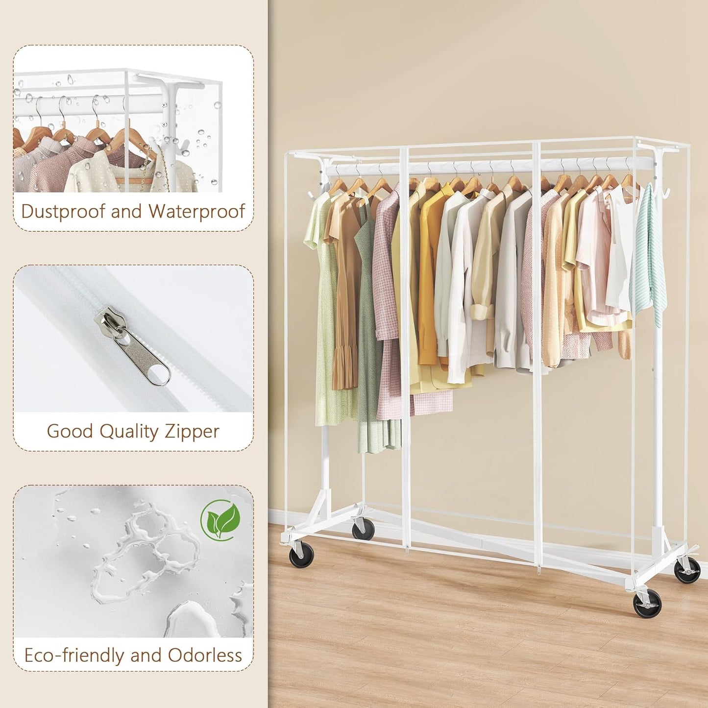 Hoctieon Z Clothes Rack with Cover, Metal Heavy Duty Clothing Rack, Rolling Garment Rack with Wheels, with Dustproof Cover Waterproof Protector, with 2 Durable Zippers, for Hanging Clothes, White