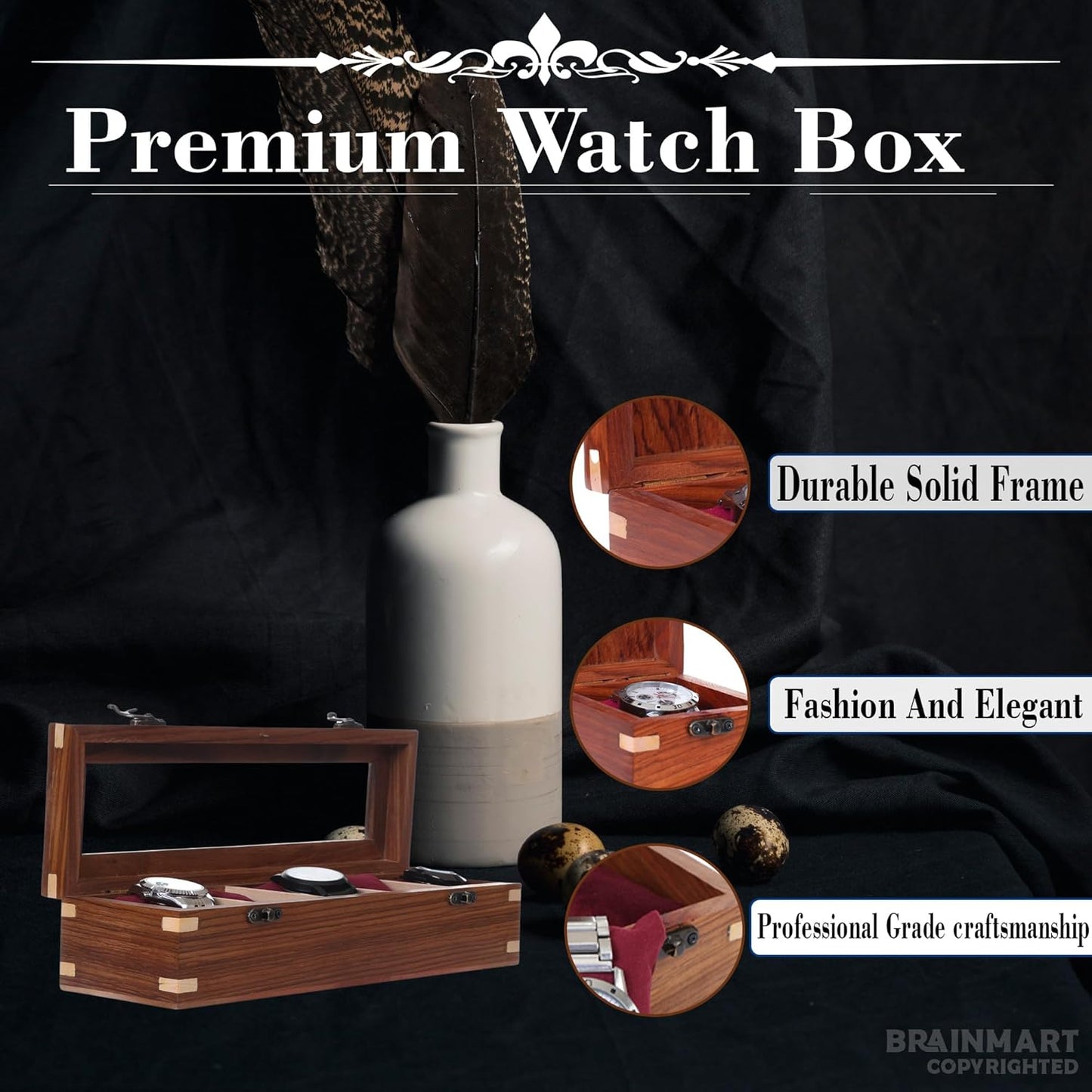 Wooden Watch Box for Men & Women, Watch Organizer & Display Case, Premium Long-Lasting Watch Holder for Storage, Elegant Gift for Watch Collectors (Glass Top, 5 Slots)