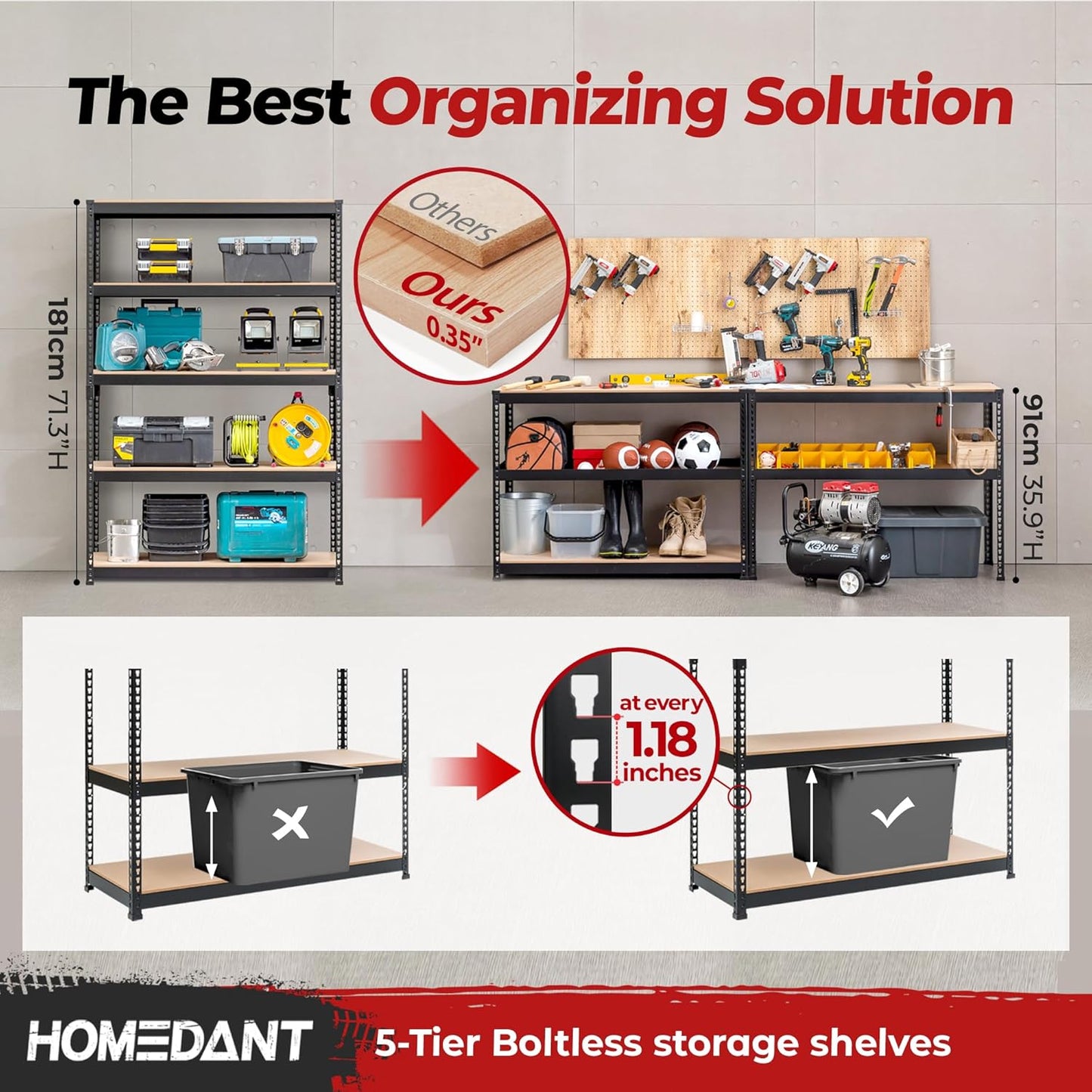 HOMEDANT 5 Tier Storage Shelves Adjustable Laminated Boltless Garage Metal Shelving Unit Heavy Duty Utility Rack Shelf Warehouse Pantry Closet Kitchen (1, (L) 48.1" W, Black)