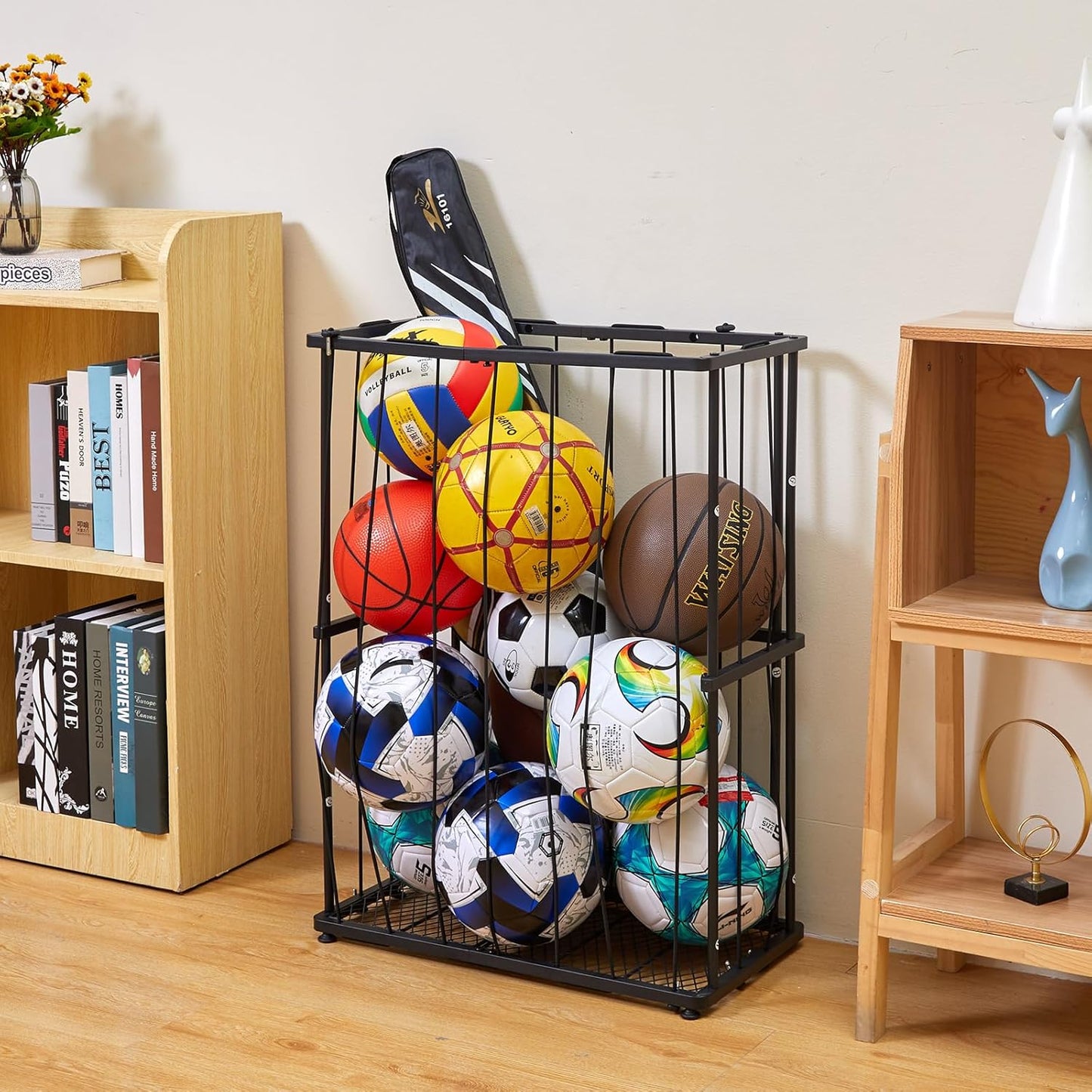 Garage Ball Storage Wall-Mounted & Floor Sports Equipment Organizer: Sports Ball Rack with Elastic Rope, Holder for Basketball, Soccer, Volleyball, Football, Garage, Gym, Black(Patent Pending)