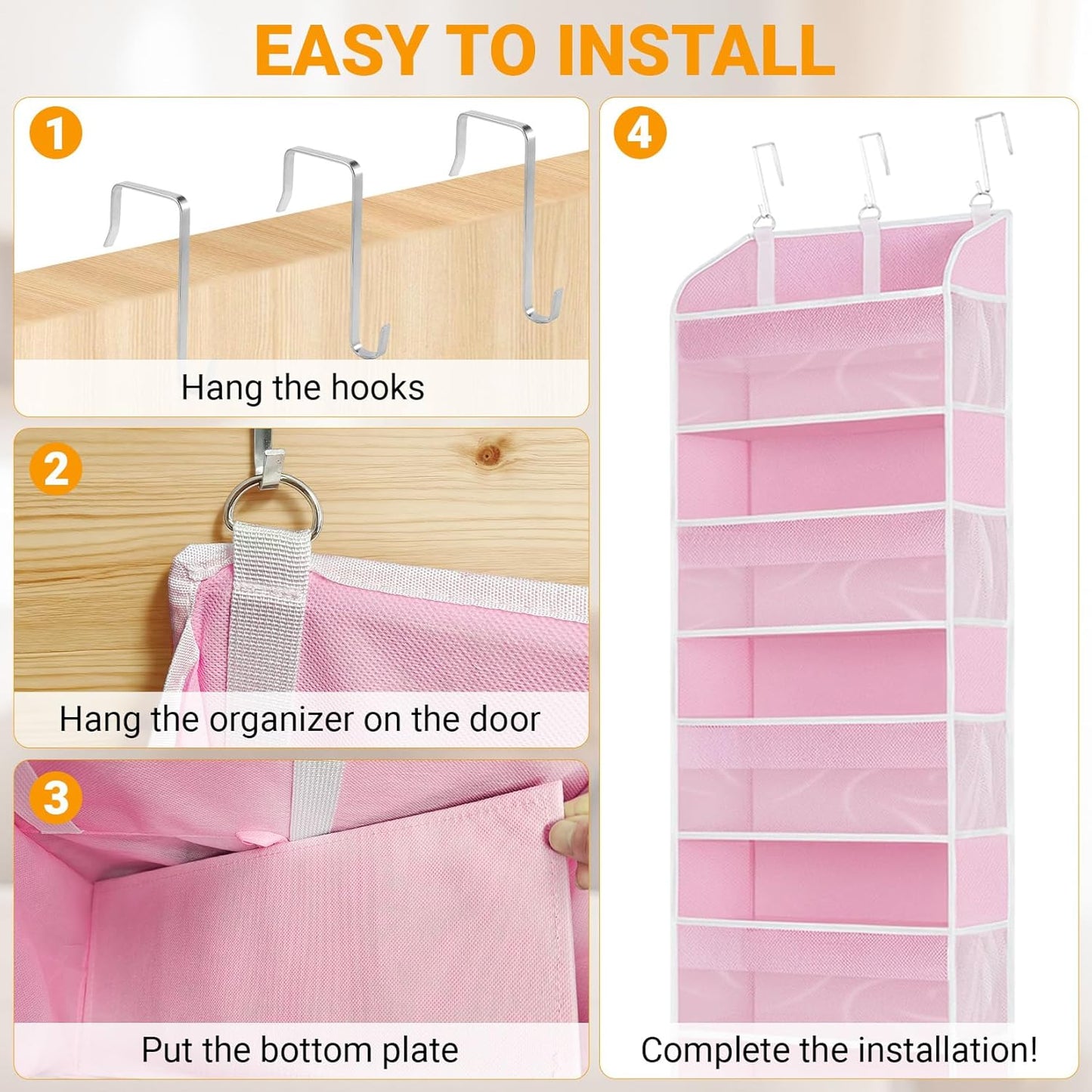 5 Layers Over The Door Organizer with Clear Window, 10 Mesh Side Pockets and 3 Hooks, 1 Pack Large Pockets Heavy Duty Hanging Storage for Bedroom/Bathroom/Pantry/Nursery, Kids Toys, Shoes(Beige)