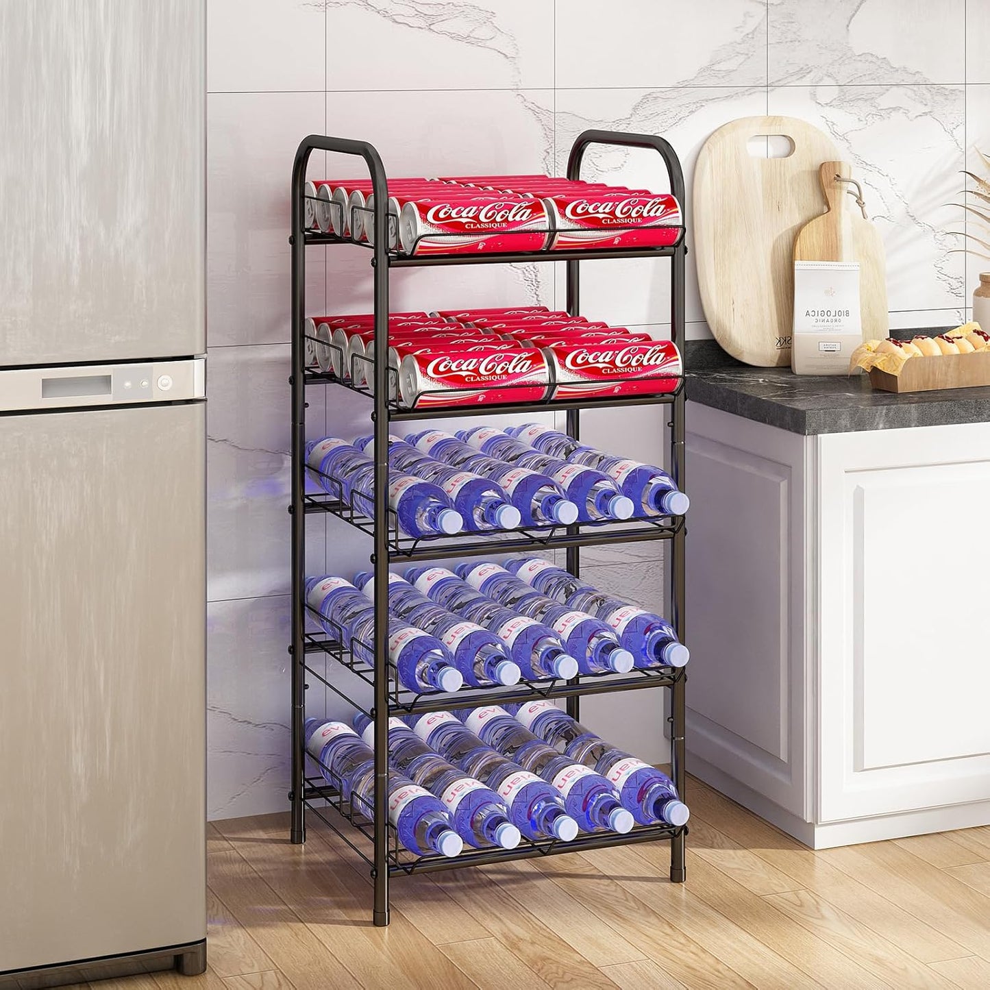 GILLAS 3 5 6 7 8 Tier Drink Organizer, Water Bottle Organizer, Metal Beverage Can Rack, Large Capacity Bottled Rack Water Bottle Holder Stand for Party, Cabinet, Countertop Kitchen, Black