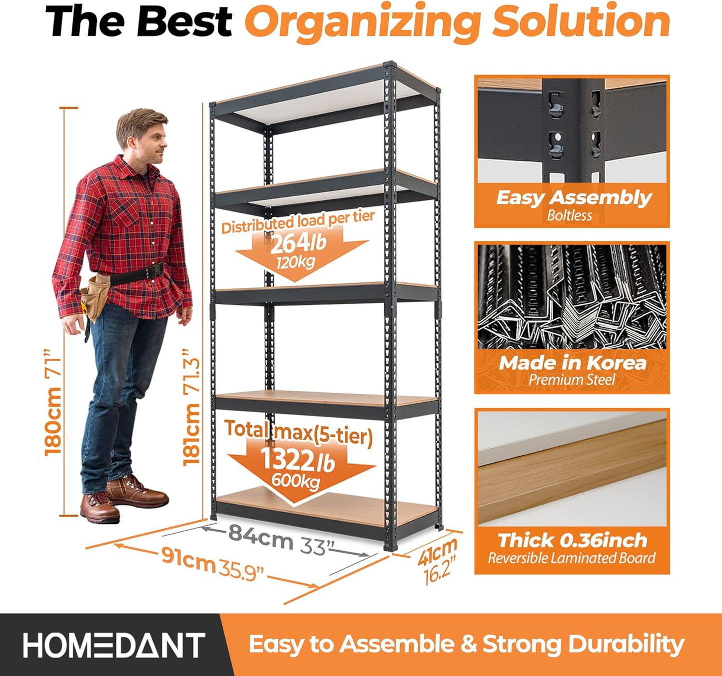HOMEDANT 5 Tier Storage Shelves Adjustable Laminated Boltless Garage Metal Shelving Unit Heavy Duty Utility Rack Shelf Warehouse Pantry Closet Kitchen (10, (M) 35.9" W, Black)