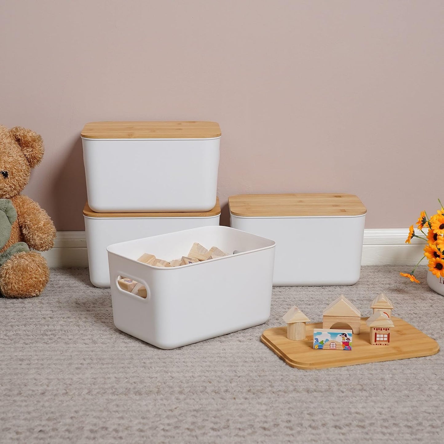 Citylife 4 PCS Storage Bins with Bamboo Lids Plastic Storage Containers for Organizing Stackable Storage Box with Handle, 10.23 x 7.08 x 6.3 inch