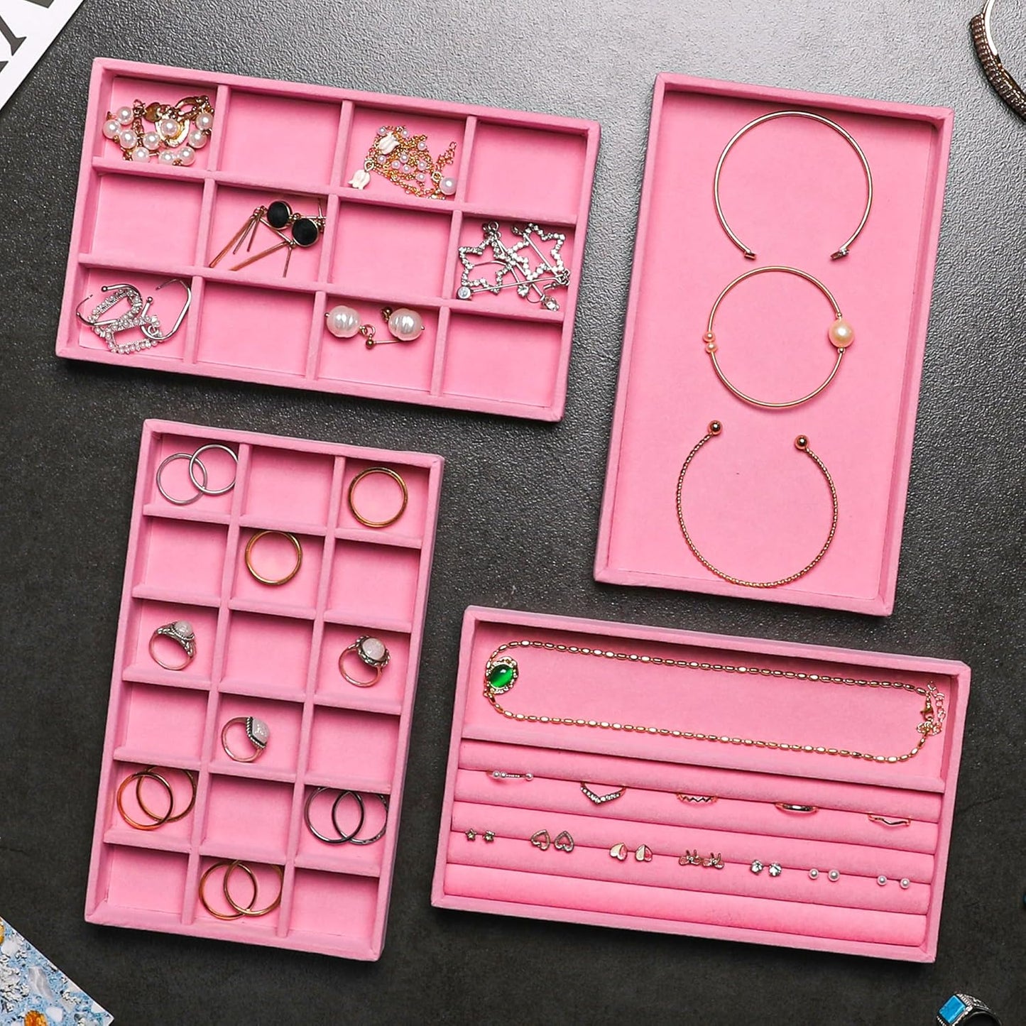 Frebeauty Jewelry Organizer Tray,Stackable Velvet Jewelry Trays,Drawer Inserts Earring Organizer For Women Jewelry Storage Display Case for Rings Stud Necklaces,Set of 6(Pink)