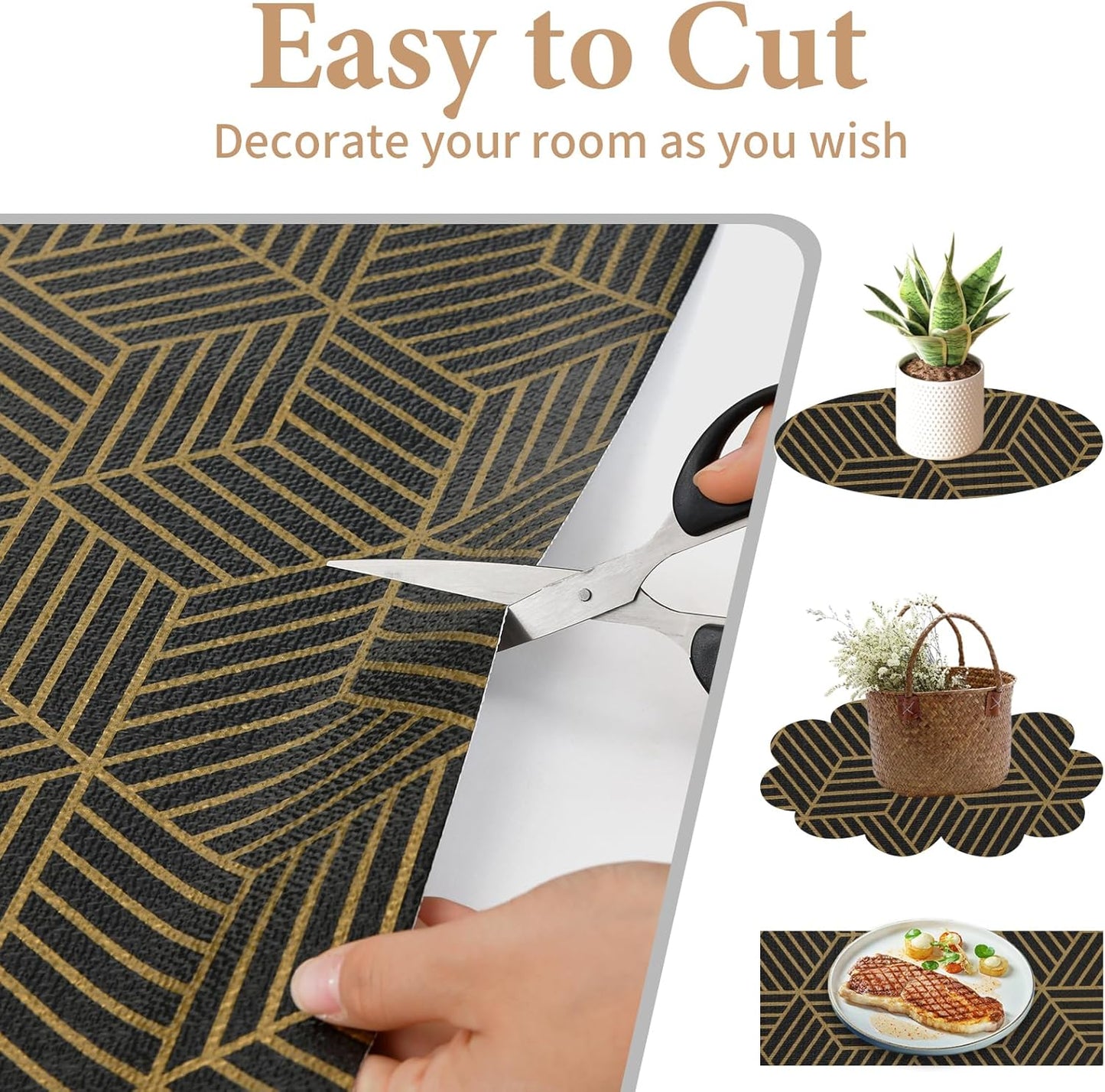 Shelf Liners for Kitchen Cabinets 23in x 20FT, Non Adhesive Cabinet Liner Strong Non-Slip Black Gold Geometric Drawer Liner, Easy to Clean for Shelf, Cabinet with Knife and Tape Measure