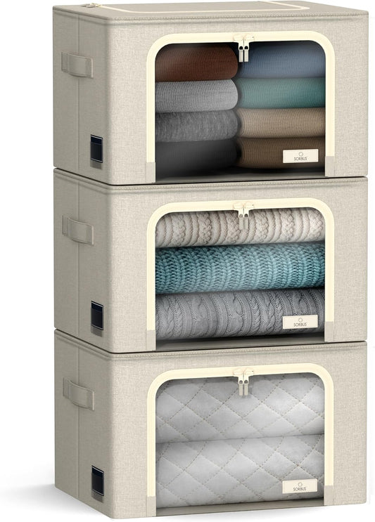 Sorbus Storage Bins with Metal Frame - Stackable & Foldable Clothes Organizer Bags - Oxford Fabric Storage Containers with Large Clear Window & Carry Handles Organization for Bedding Linen & Clothing
