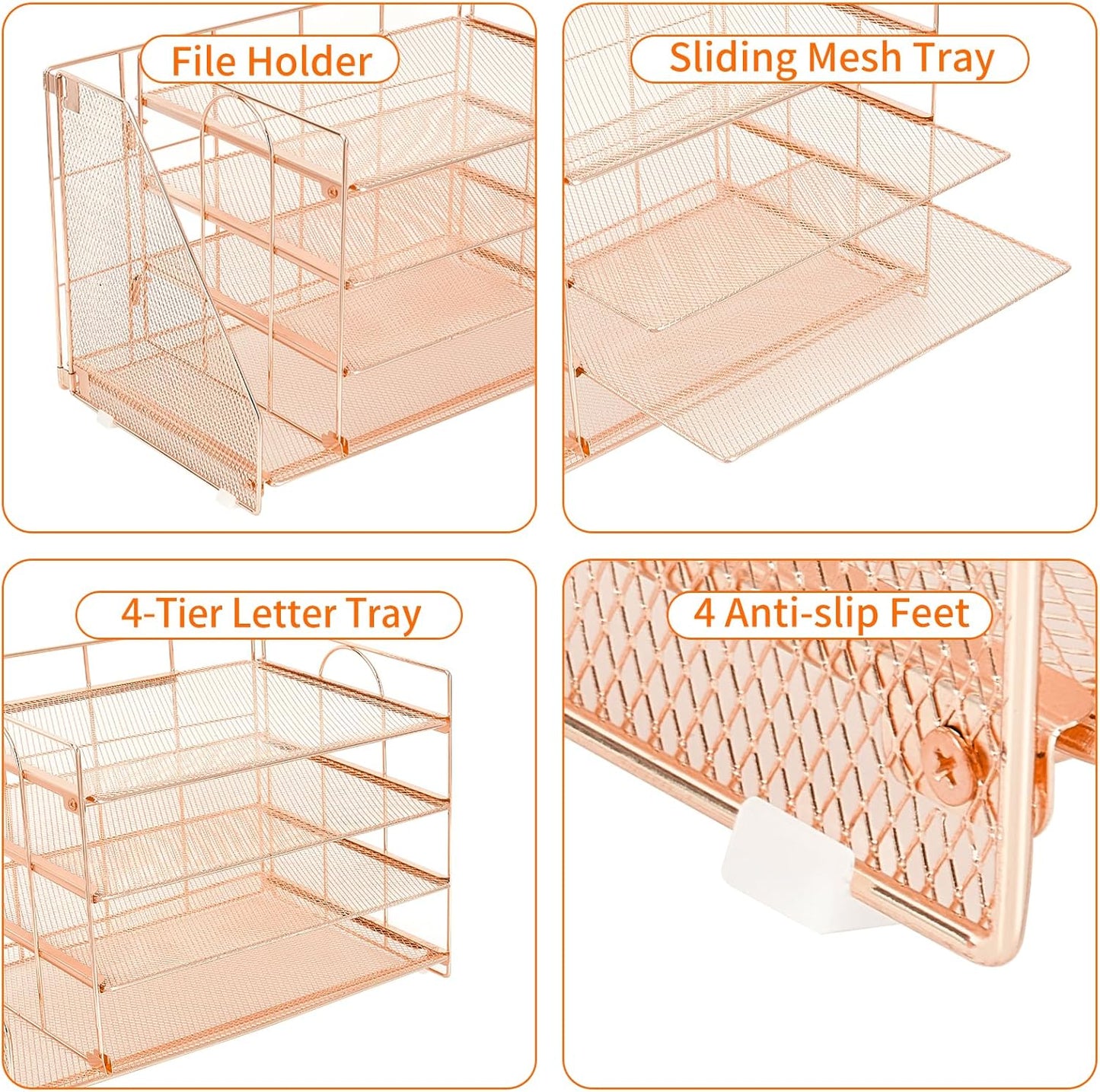 OPNICE 4-Tier Paper Organizer with Magazine Holder, Desk Organizers and Accessories, Office Desk Accessories & Workspace Organizers, Desktop File Organizer for Office Supplies Storage, Rose Gold