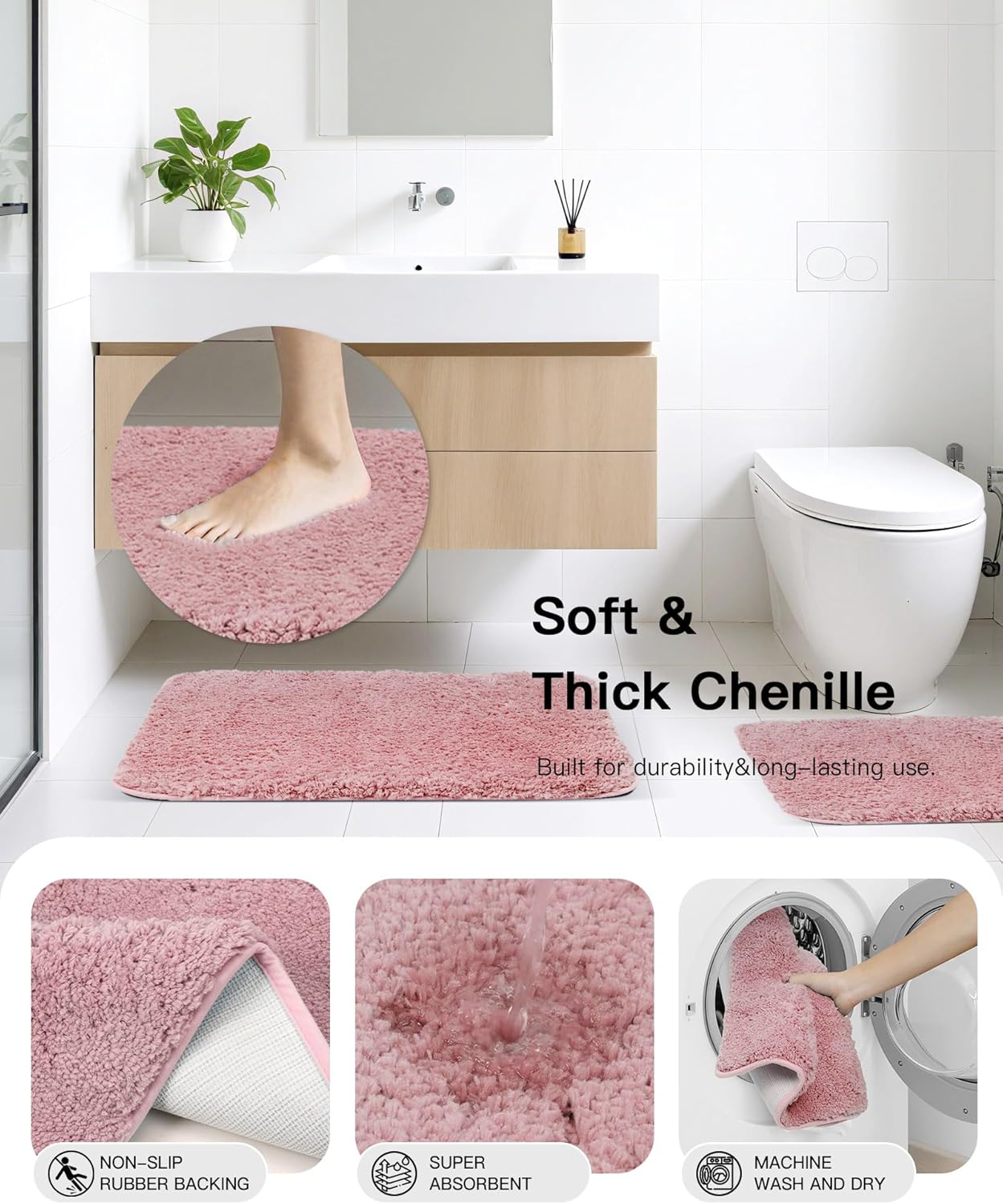 IMAVO Pink Bathroom Accessories,Non Slip Super Absorbent Rugs and Waterproof Shower Curtain with Hooks,Complete Bathroom Set for Bathroom Décor