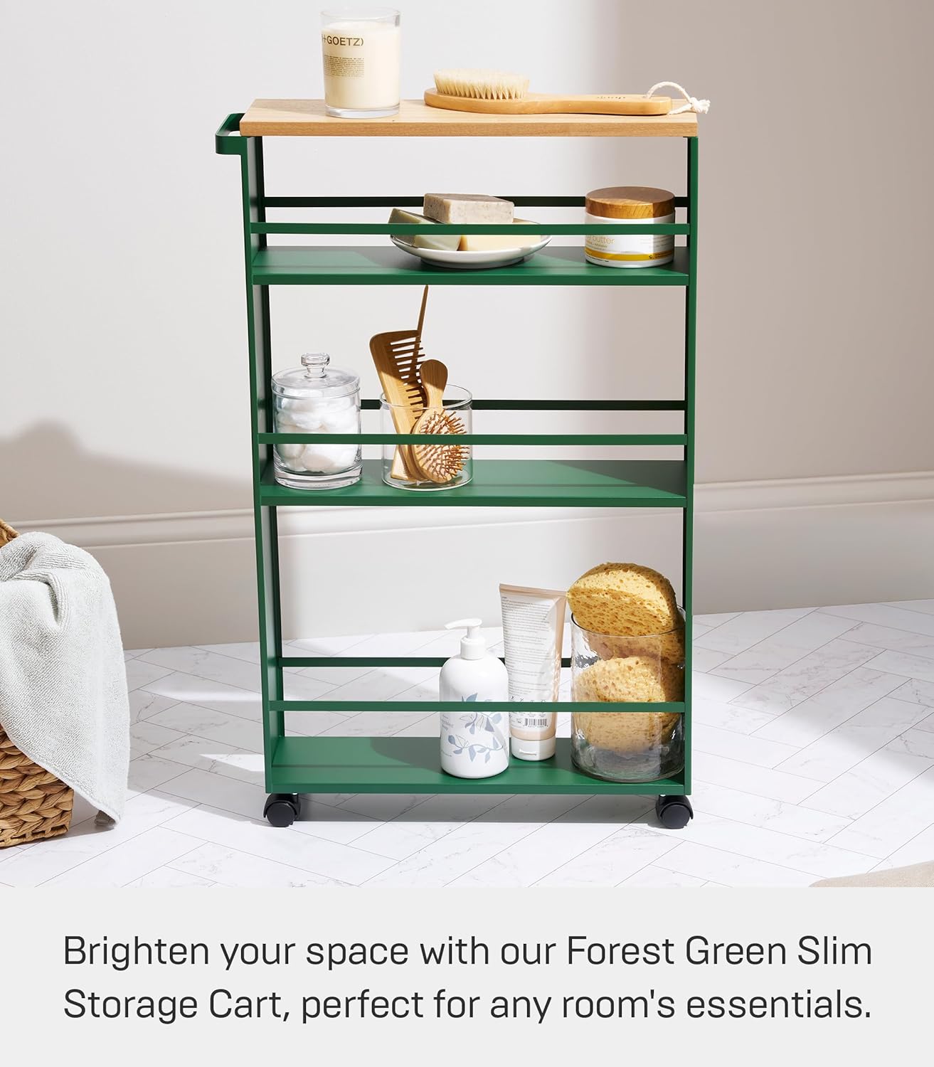YAMAZAKI Home Slim Rolling Storage Cart – Narrow Kitchen Storage Cabinet with Handle, Slim Storage Cart with Wheels, Easy Assembly, Steel + Wood, Green