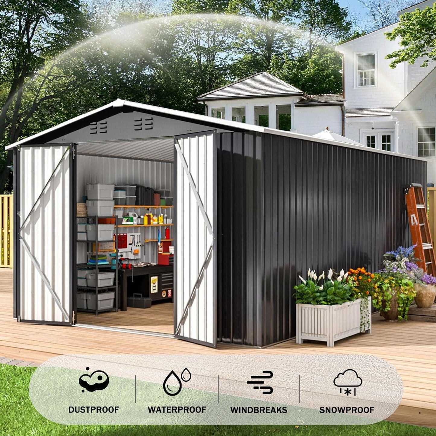 Polar Aurora 10 x 14 FT Outdoor Storage Shed, Metal Garden Shed with with Updated Frame Structure, Tool Sheds for Backyard Garden Patio Lawn, Black