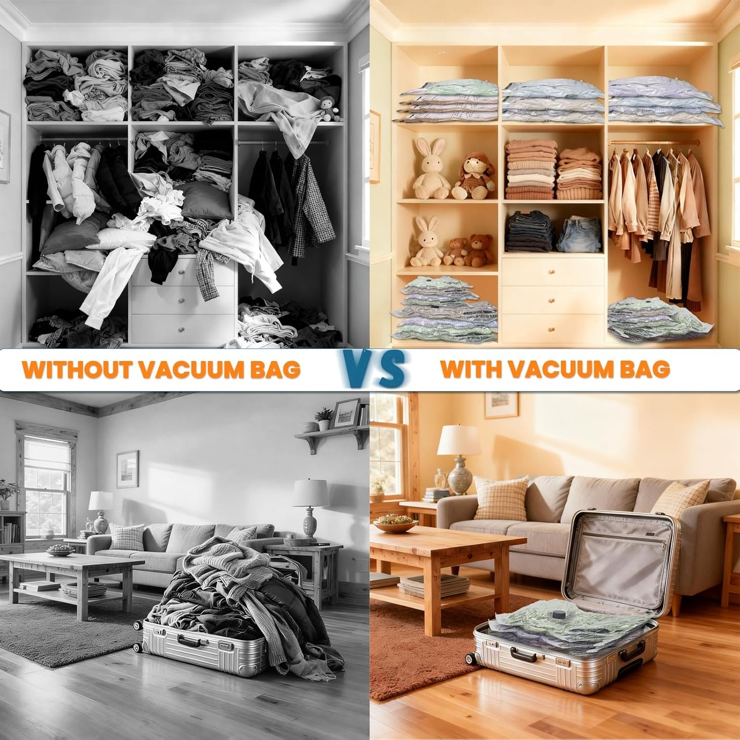 Vacuum Bags for Travel with Rechargeable Electric Pump, 12 PCS (4S,4M,4L) Storage Bags Vacuum Sealed, Space Saver Bags Carry-on Size Compression Packing Bags for Luggage and Suitcase