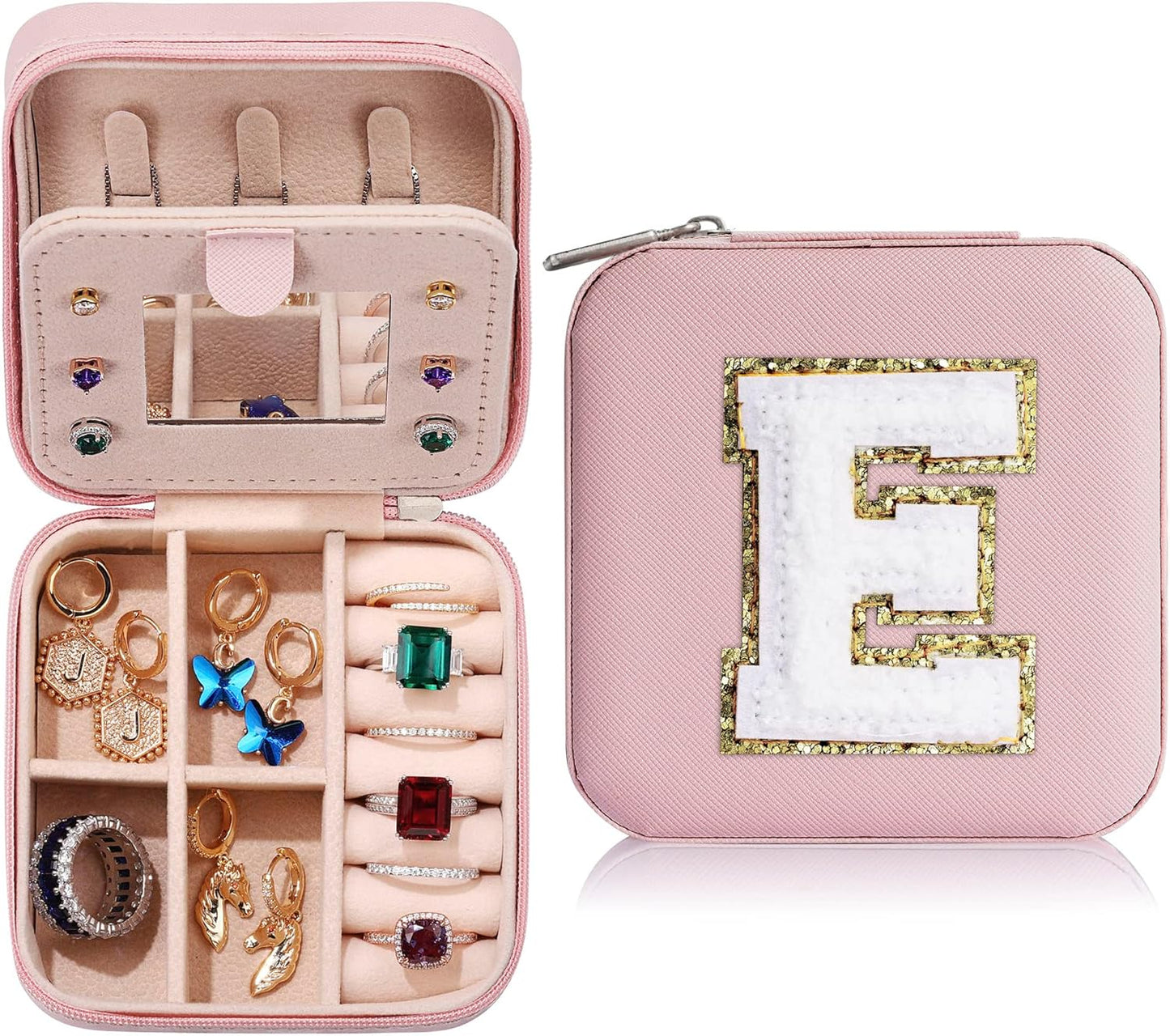 Parima Gifts for Teen Girls - 2025 Travel Jewelry Case Gifts Ideas, 6,7,8,9,10,11,12,13,14 Year Old Girl Birthday Gift Travel Jewelry Organizer Christmas Gifts for Daughter - Letter E, Pink