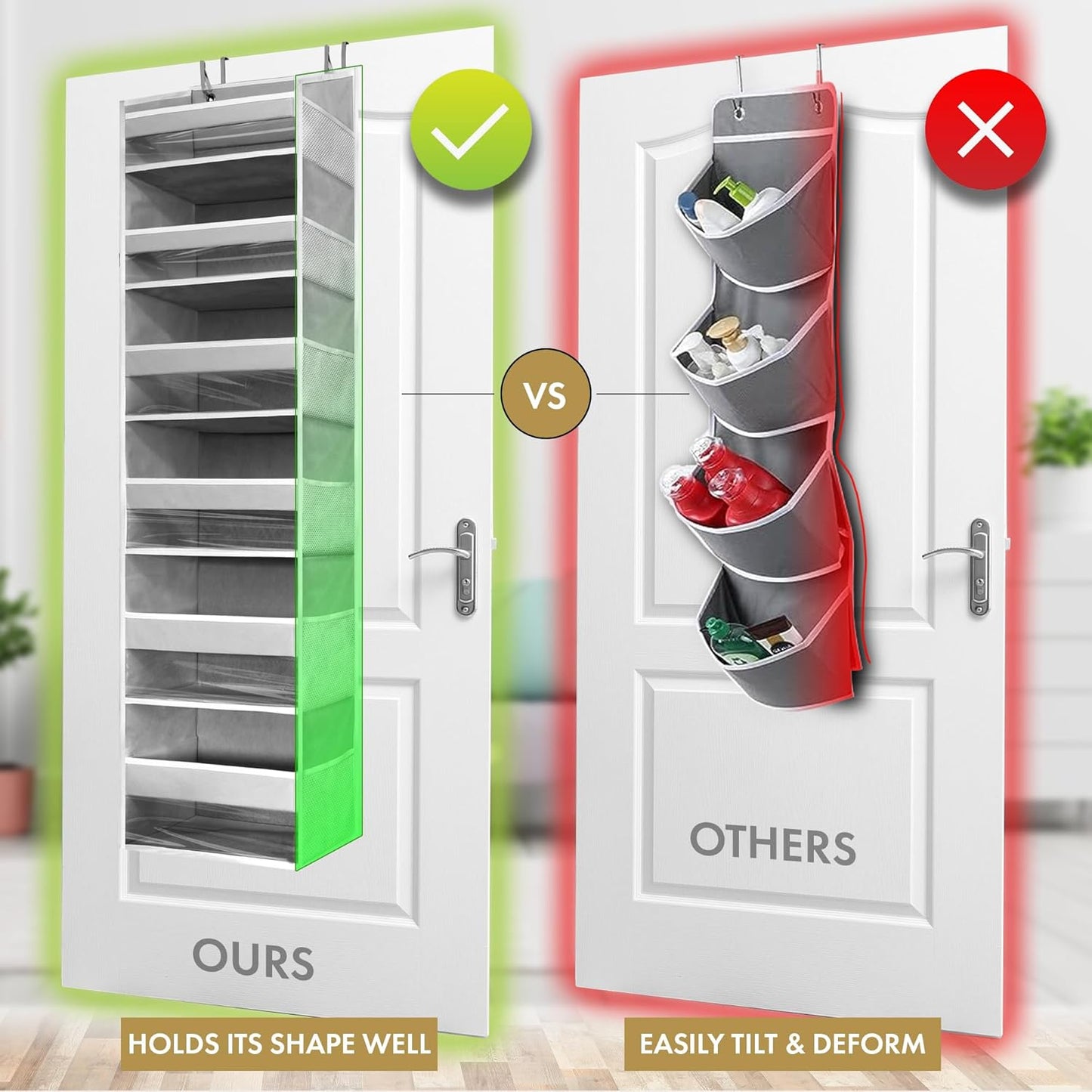 HOMELUX THEORY Over The Door Organizer Hanging - 50lbs Load 6 Large Front & 12 Side Pockets, 2 Pack Over The Door Shoe Organizer, Hanging Closet Organizer For Toys, Diaper, Purse, Sewing (Light Gray)