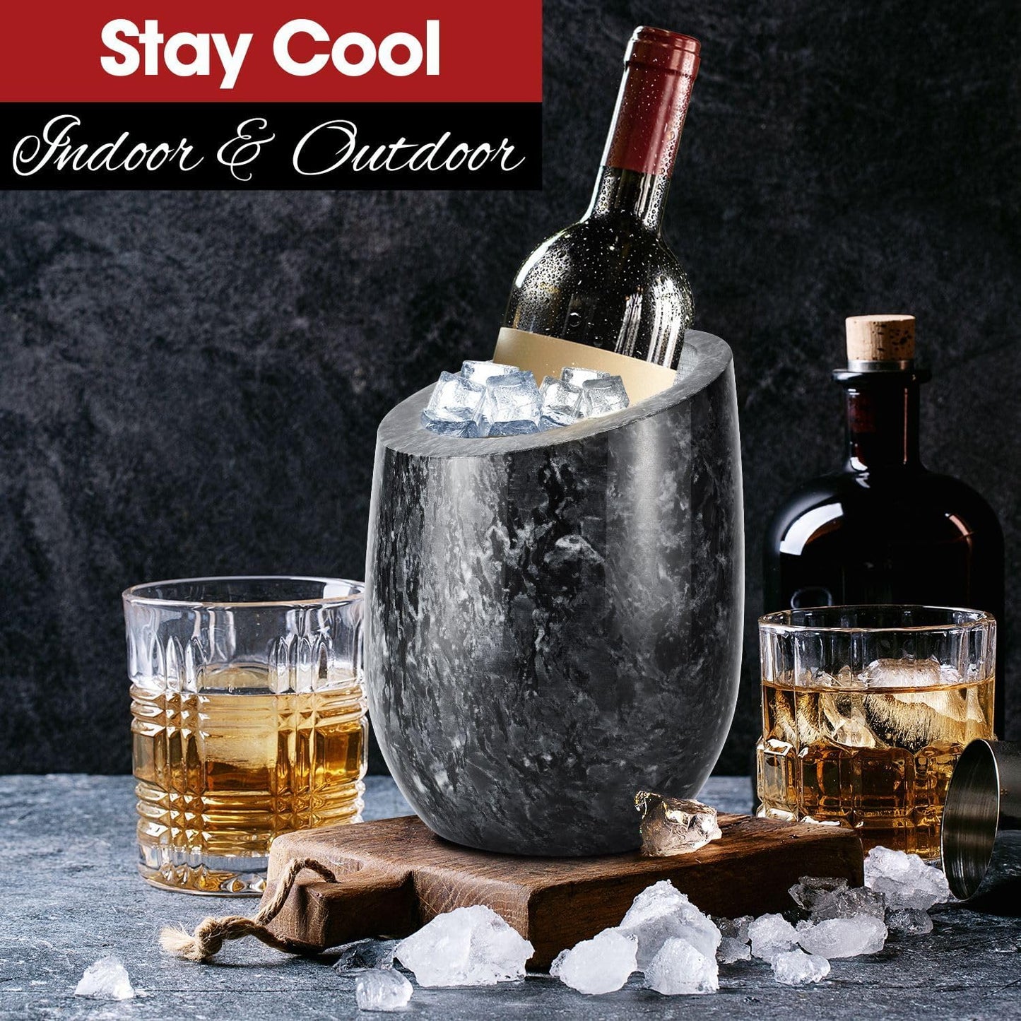 Flexzion Marble Wine Chiller Bucket – Black Wine Cooler & Champagne Bucket for Bar Cart Decor, Kitchen & Parties – Gifts for Men, Women & Enthusiasts – Fits 750ml Bottles
