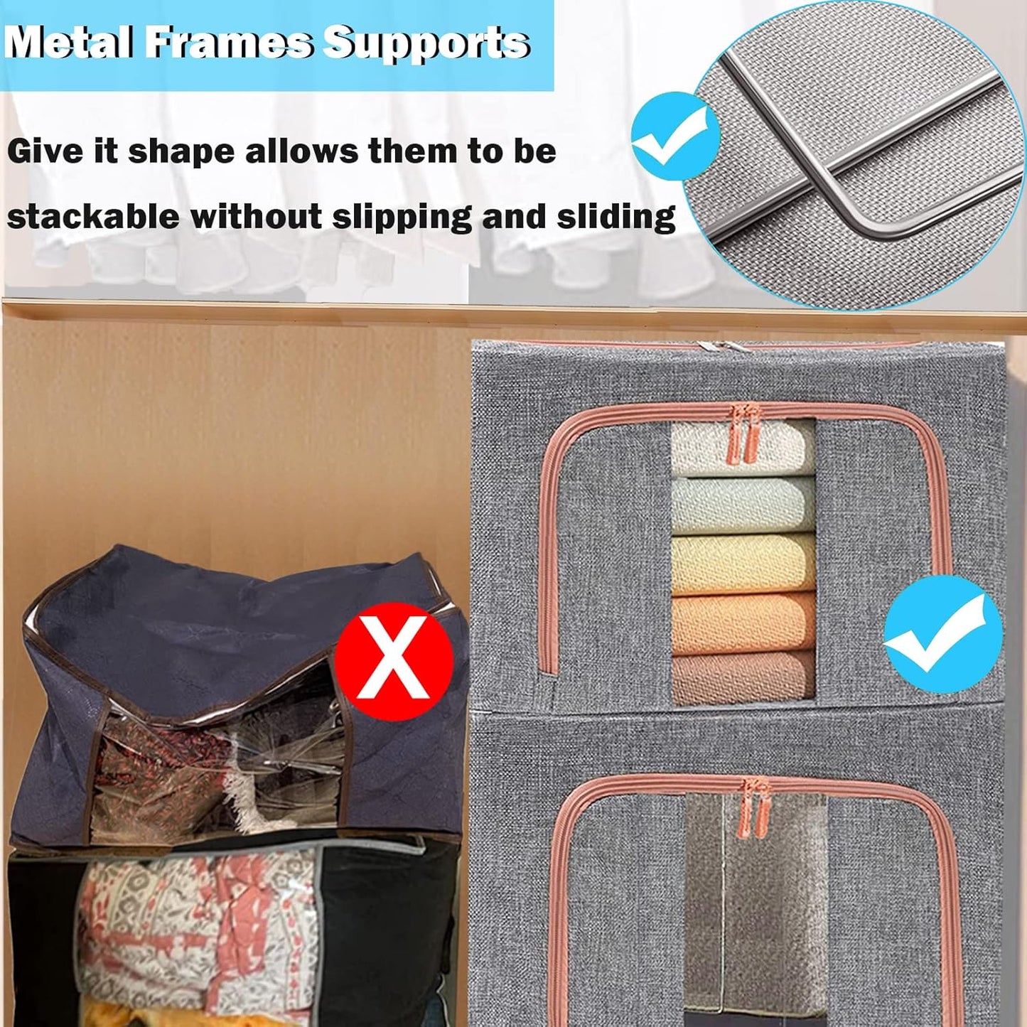 Large Storage Bags,Stackable Clothes Storage Bins with Hold Shape Metal Frame,Foldable Closet Organizer Containers with Zipper,Clear Window,Thick Fabric for Seasonal Clothing,Bedding (3 Pack, 66L)