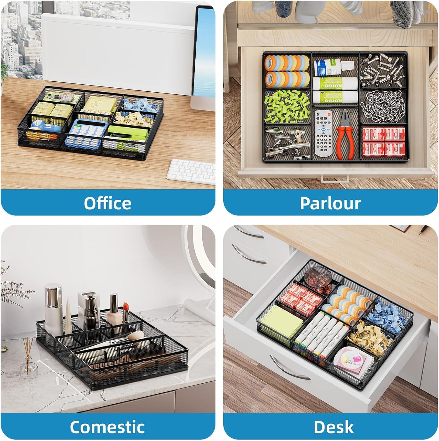 Marbrasse 2Pack Desk Drawer Organizer, Metal Mesh Drawer Organizer Tray with 5 Adjustable Compartments,Desk Organizers and Accessories for Home,Office,Kitchen,Makeup,Vanity (Black)