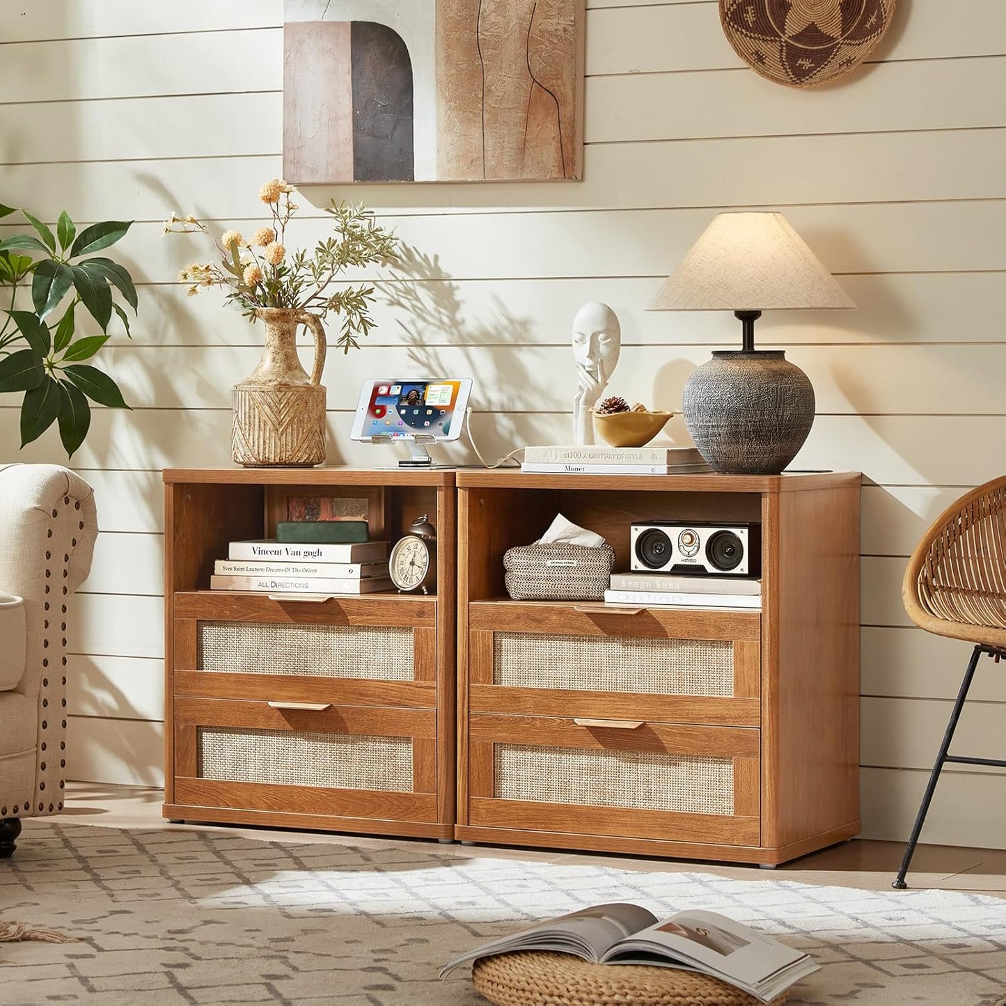 LEYAOYAO Rattan Night Stand with Charger Station, 23" Wide Boho Nightstand with 2 Drawers, Natural Wood Bedside Table Open Storage Cabinet, Bed Side End Tables Dresser for Bedroom, Living Room Hallway