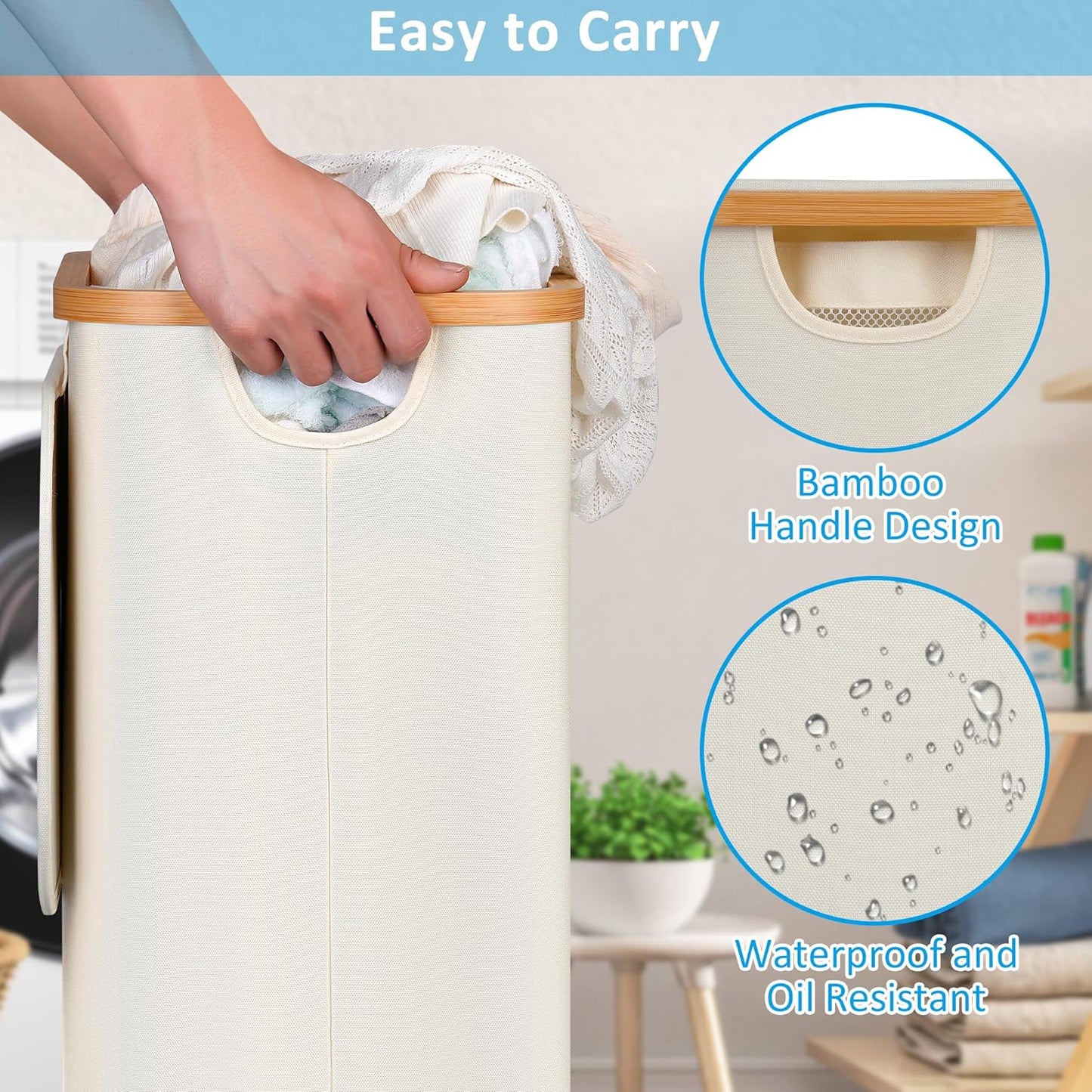 efluky Slim Laundry Hamper with Wheels, Narrow Laundry Basket with Lid and Removable Bag, Aesthetic Dirty Clothes Hamper on Wheels for Laundry Room, Bedroom, Dorm and Bathroom, 75L Beige
