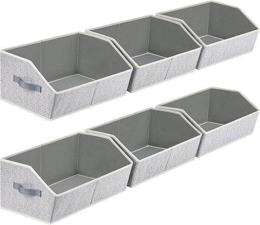 Closet Organizers Bins 6 Packs - Large Closet Shelf Organizer with Handles, Fabric Trapezoid Storage Bins, Collapsible Storage Cubes for Clothes, Towels, Light Gray