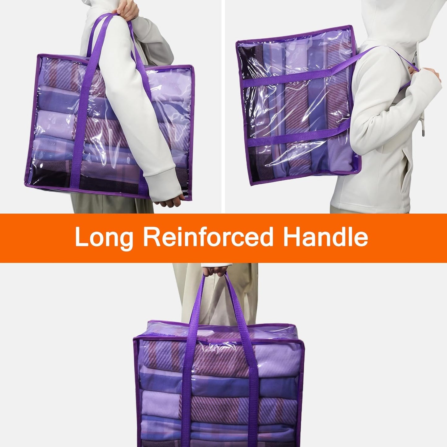 Vieshful 90L Clear Clothes Storage Bag Colorful Clothes Organizer with Zipper Vinyl Storage Bag for Comforter, Blanket, Bedding, Duvet, Transparent Moving Totes 3 Pack, Purple