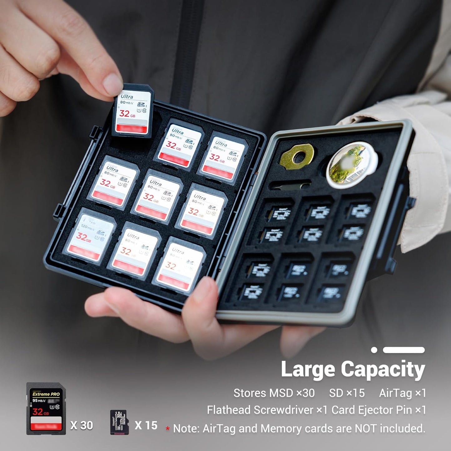 JJC 45 Slots Memory Card Case for 30 Micro SD and 15 SD Cards with AirTag Slot, Water-Resistant Anti-Shock Anti-Dust, Micro SD/SDHC/SDXC TF Card and SD/SDHC/SDXC Holder Organizer Storage