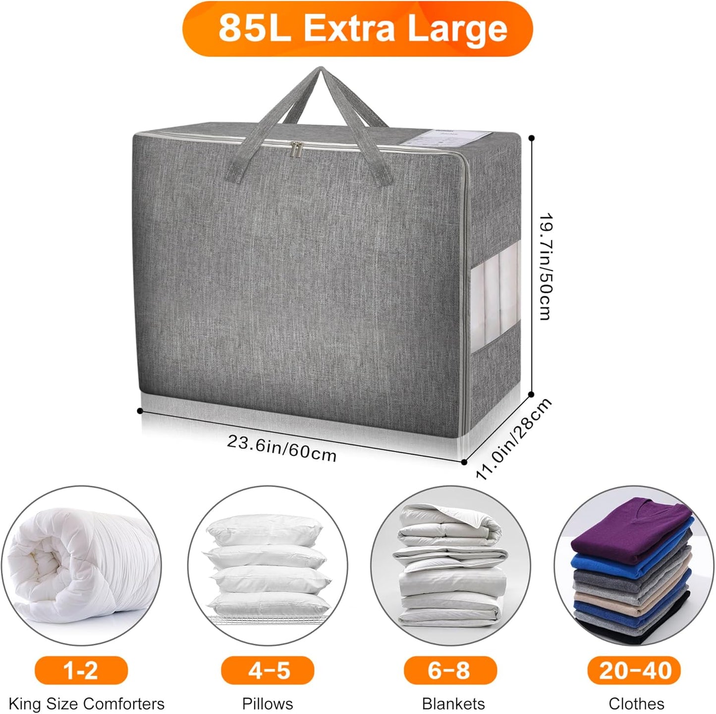 2 Pack 85L Comforter Storage Bags, Extra Large Bedding Storage Bags with Category Card and Clear Window, Reinforced Handles & Zippers, Foldable Closet Organizers for Blanket Pillow