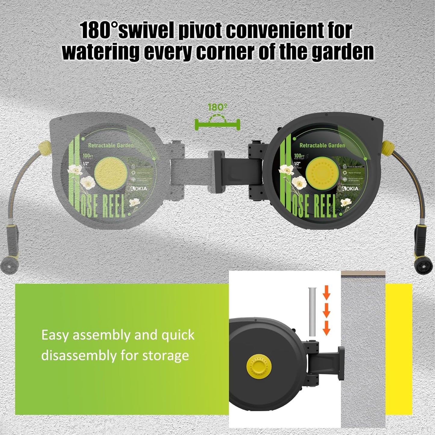 Hose Reel, Retractable Garden Hose Reel, 65 ft x 1/2 inch Garden Hose with Auto Return System, Retractable Water Hose with 180°Swivel Wall Mounted Bracket, 9 Pattern Sprayer Nozzle & Any Length Lock