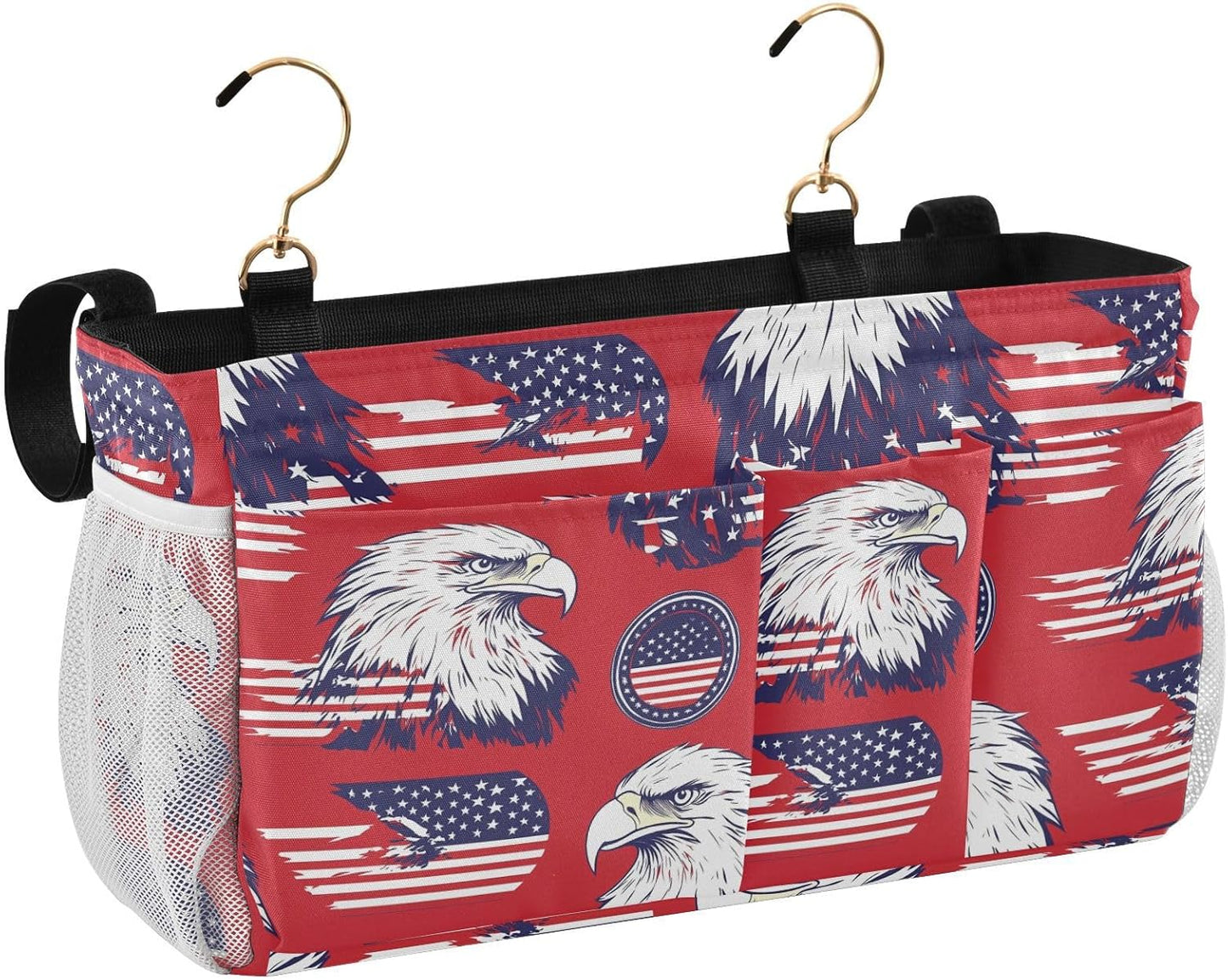 American Flag Bald Eagle Red Bedside Caddy for Dorm Bed Bedside Hanging Caddy Bag Iron Frame Storage Organizer Pocket for Bunk Home College Hospital Beds 2 Hooks