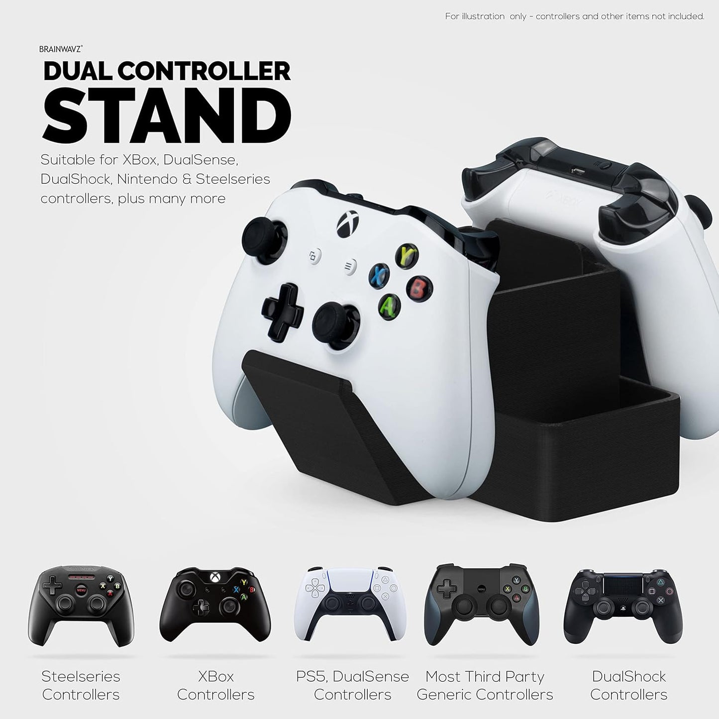 BRAINWAVZ Dual Game Controller, TV Remote Control & Stationary Storage Desktop Organizer Holder, Universal Design for Xbox ONE PS5 PS4 PC Gamepads, Reduce Clutter (D03)