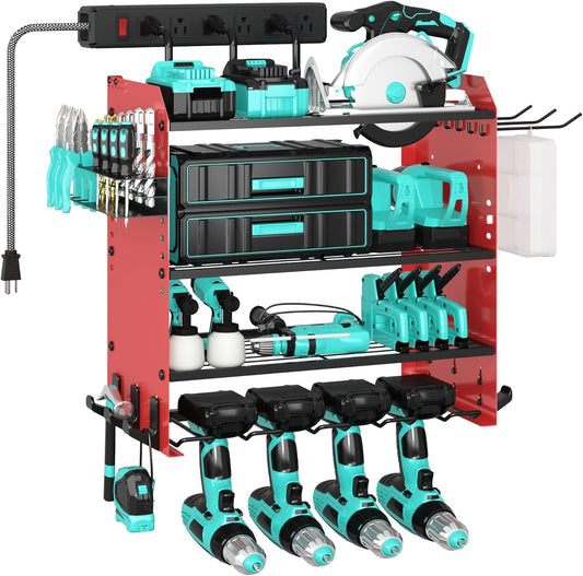4 Layer Heavy Duty Power Tool Organizer Wall Mount with Charging Station, Adjustable Metal Storage Rack, 6 Outlets Power Strip, Drill Holders, Hooks & Drill Bit Rack for Garage, Workshop, Red