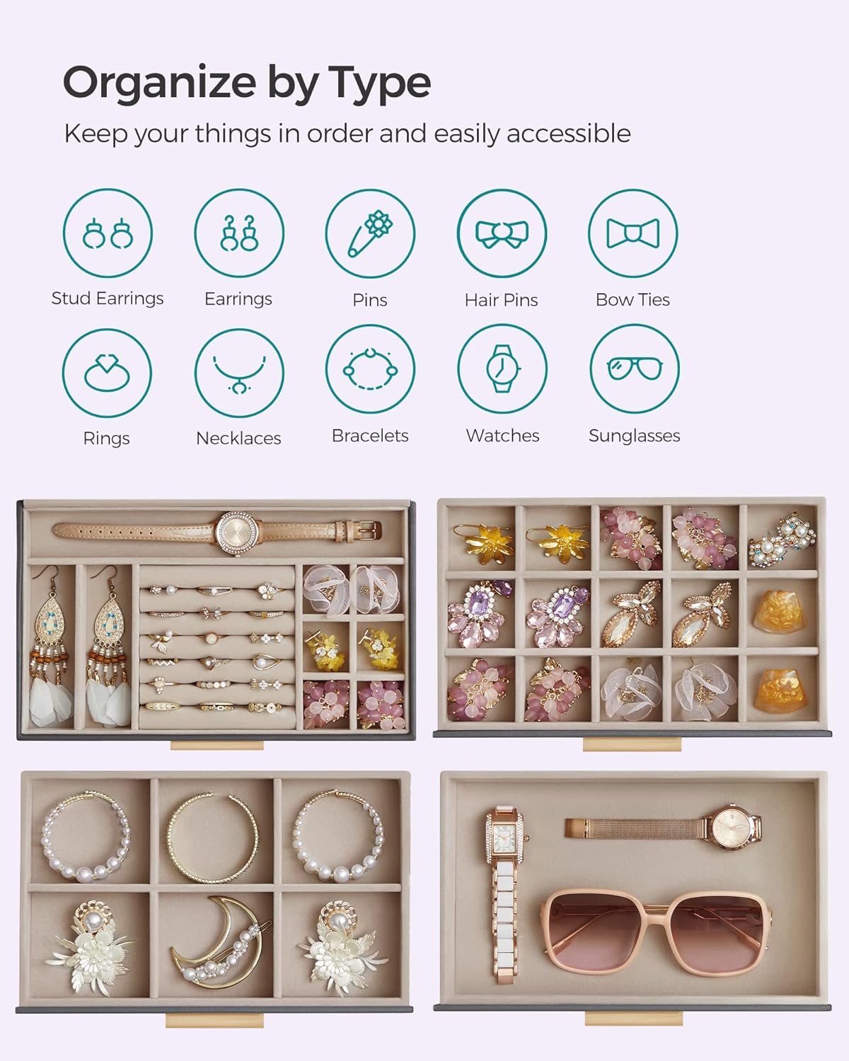 SONGMICS Jewelry Box Organizer with Glass Lid, 4-Layer Jewelry Storage, with 3 Drawers, Modern Style, Christmas Gift, 6 x 9.9 x 8.5 Inches, Gray and Gold Color UJBC161C01
