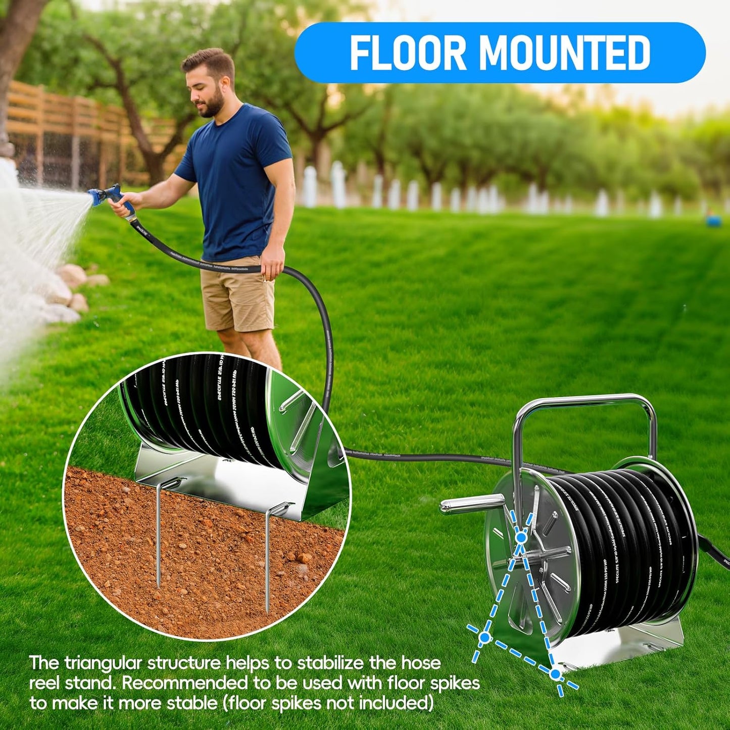 SPECILITE Stainless Steel Garden Hose Reel with 5/8" 75FT Hybrid Rubber Hose and 6FT Leader Pipe, Wall/Floor Metal Mounted Storage Spool, UV Resistant for Outside, Yard, Patio