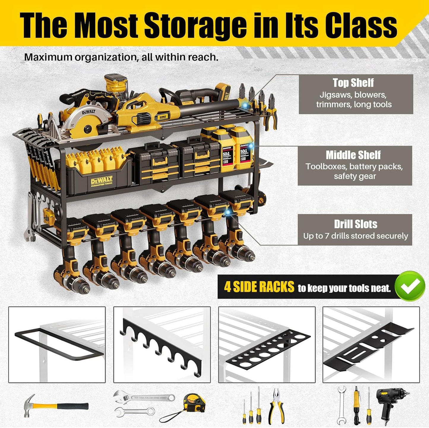 26''W Power Tool Organizer Wall Mount | 200lbs Garage Storage Rack with 7 Cordless Drill Holder | 3-Tier Heavy Duty Utility Shelf for Battery Workshop Organization