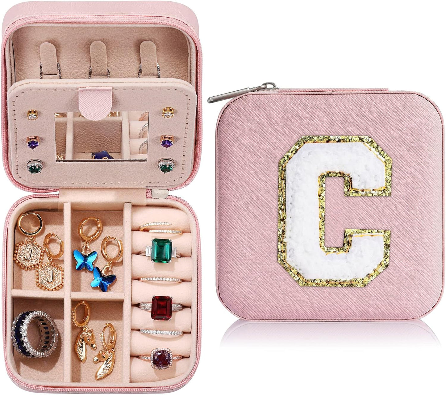 Parima Christmas Stocking Stuffers Preppy Travel Jewelry Box - Christmas Gifts for Grandkids Letter Jewelry Organizer Box for Girls, Travel Gifts for Teen Girls Trendy Stuff - Letter C, Pink